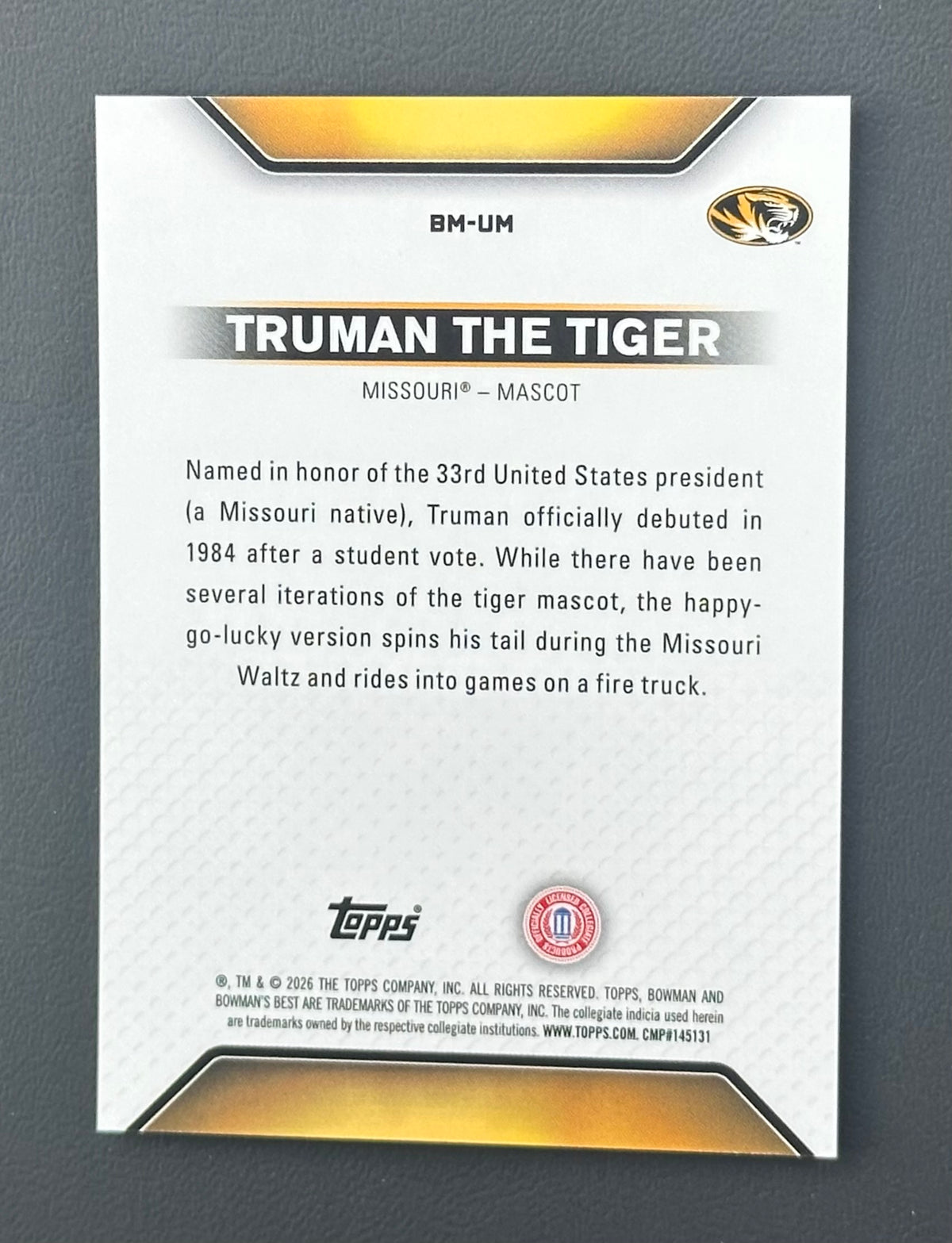 2026 Bowman U Best Truman The Tiger Missouri Black Refractor /10