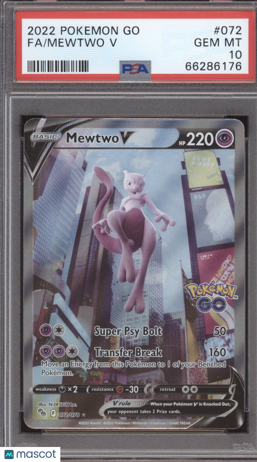 2022 Pokemon GO Mewtwo V PSA 10 #072/078
