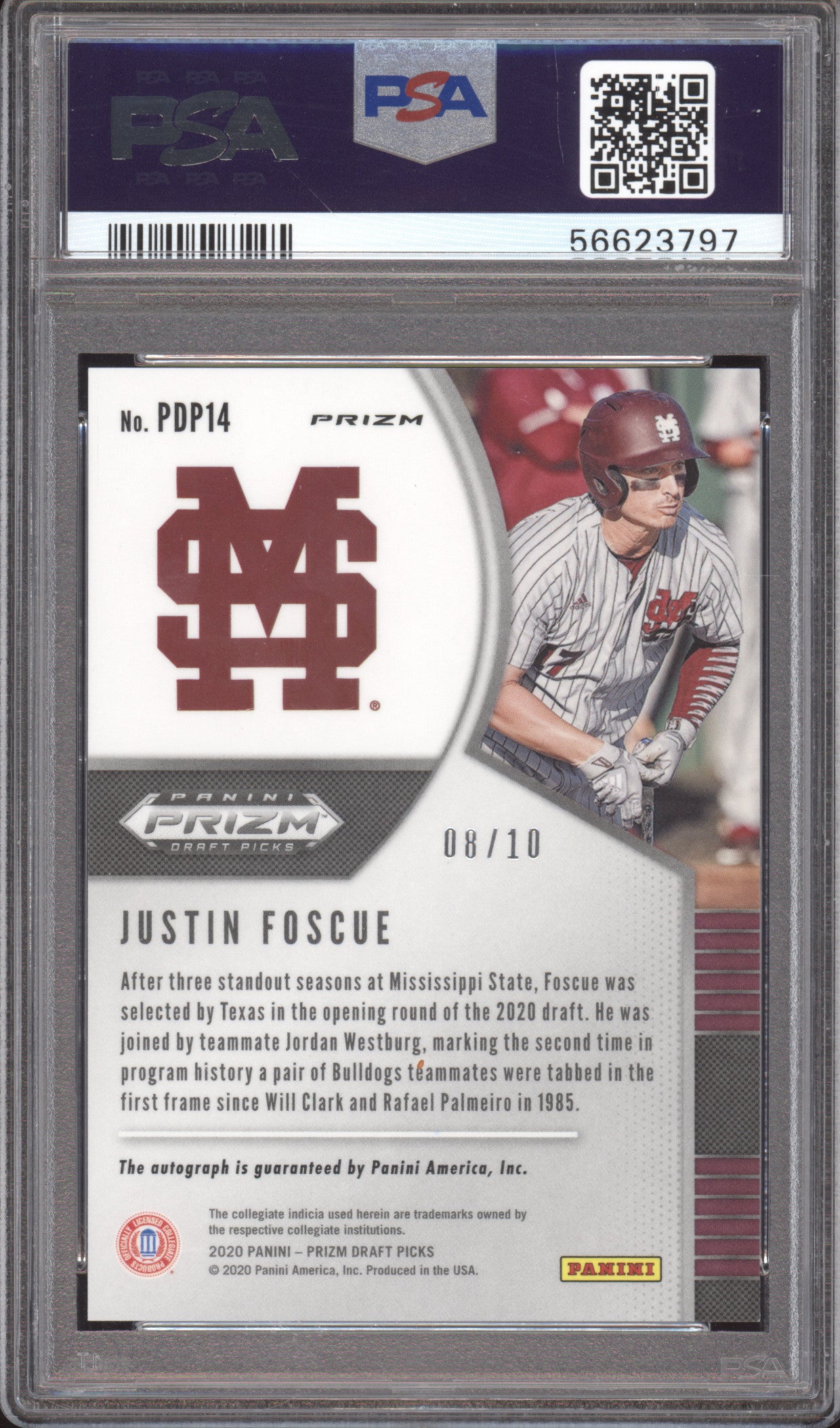 2020 Panini Prizm Draft Picks Justin Foscue #PDP14 Auto Gold 08/10 PSA 10