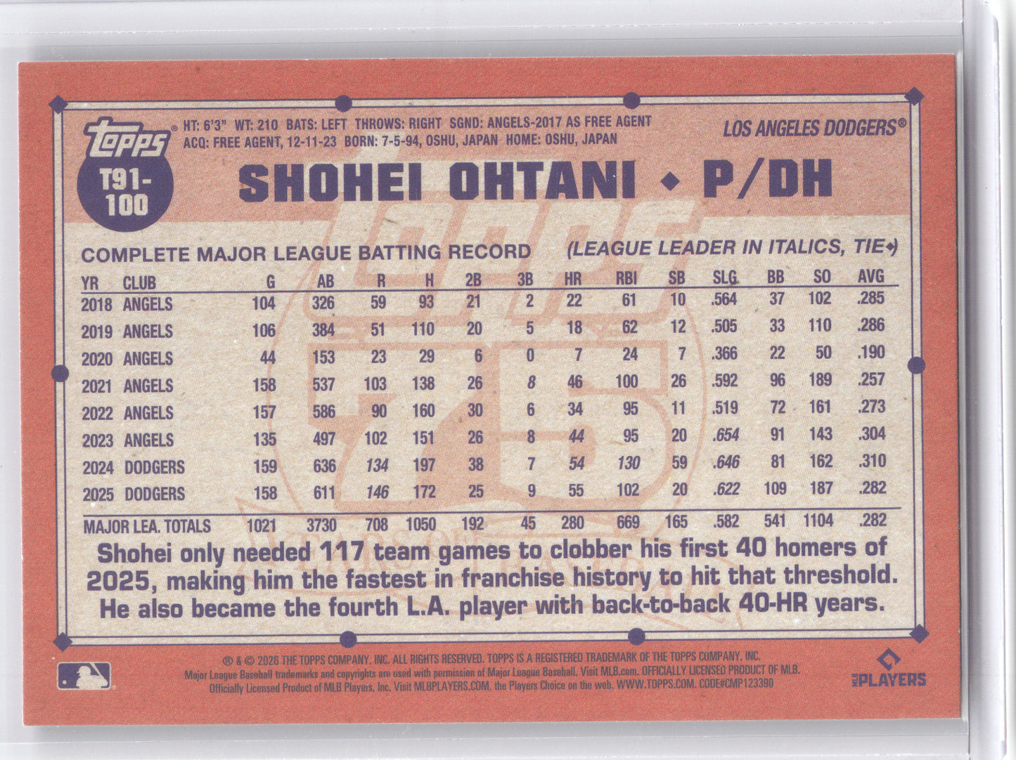 2025 2026 Topps (1991 Topps) Shohei Ohtani #T91-100 Pink