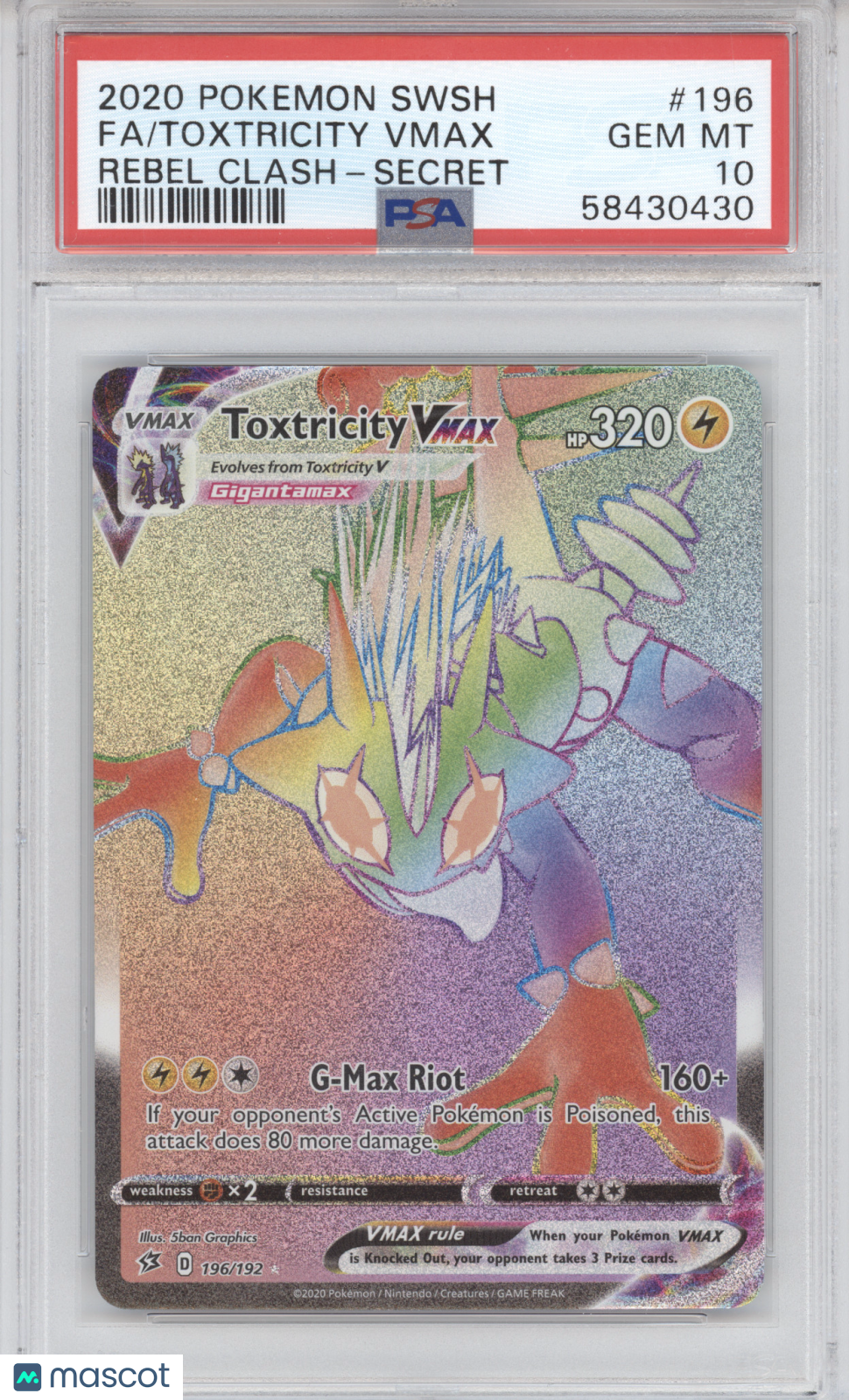 2020 SWSH Rebel Clash Toxtricity VMAX Secret Rare PSA 10 #196/192