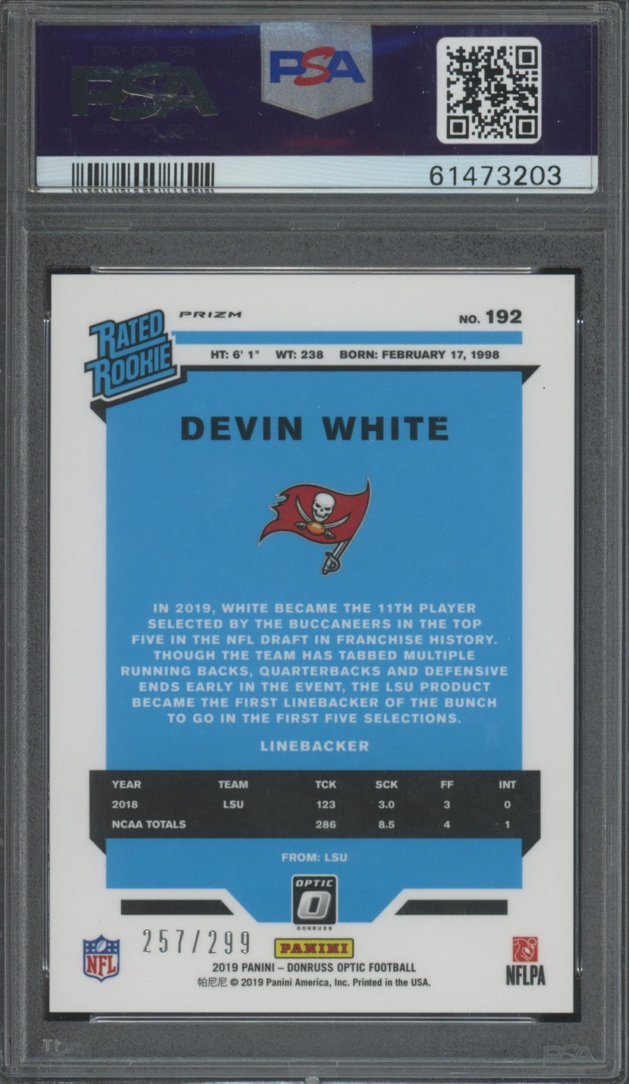 2019 Panini Donruss Optic Devin White #192 Aqua /299 PSA 10