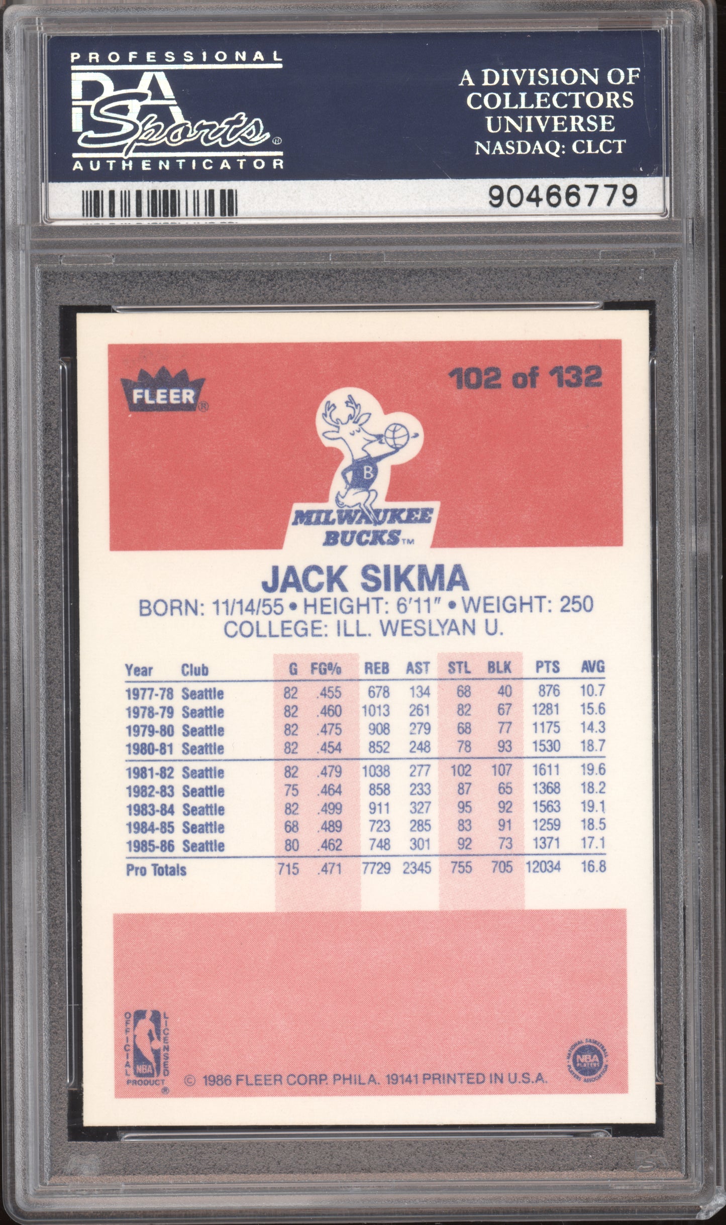 1986 Fleer Basketball Jack Sikma #102 PSA 10