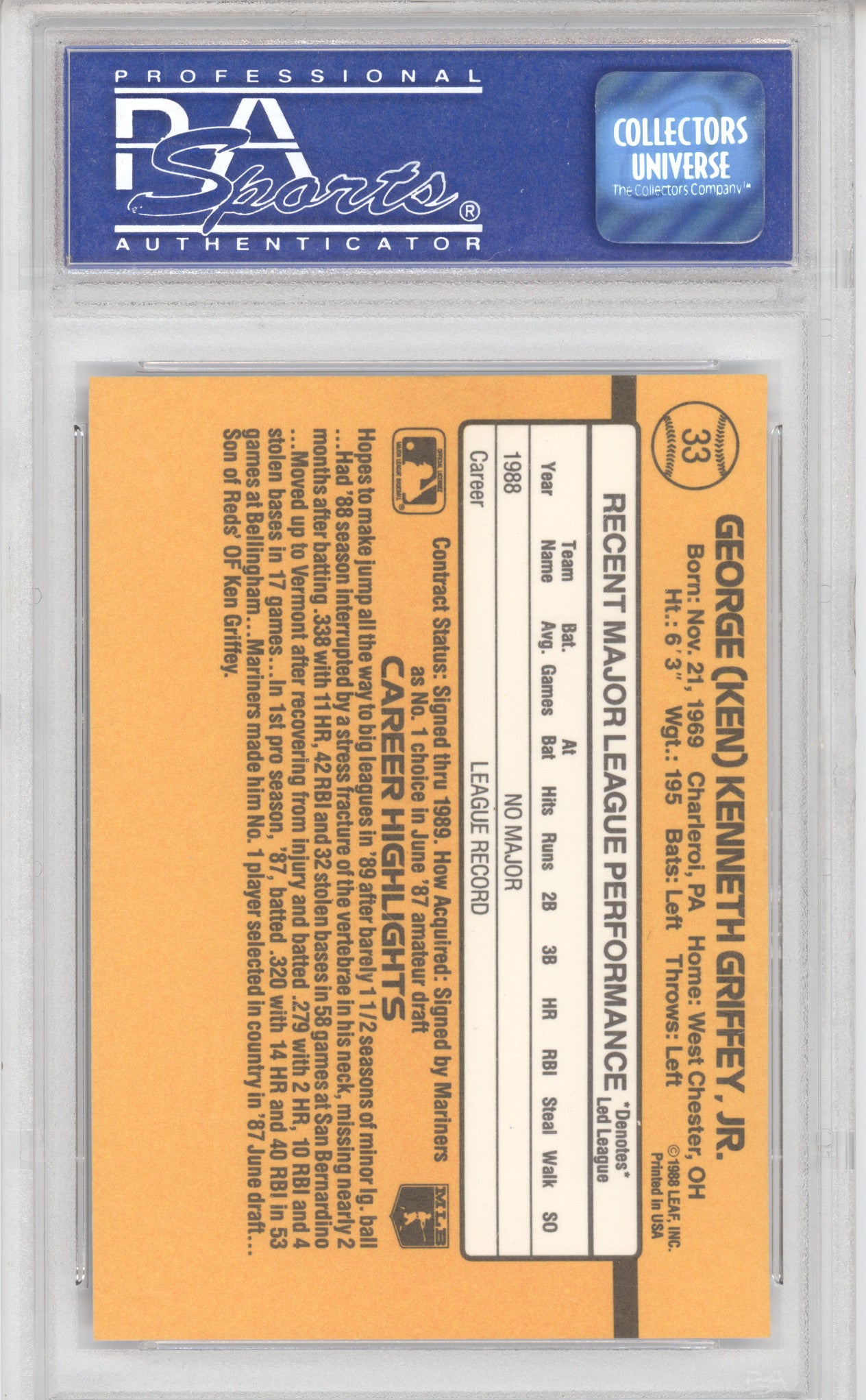 1989 Donruss Rated Rookie Ken Griffey Jr. #33 PSA 8