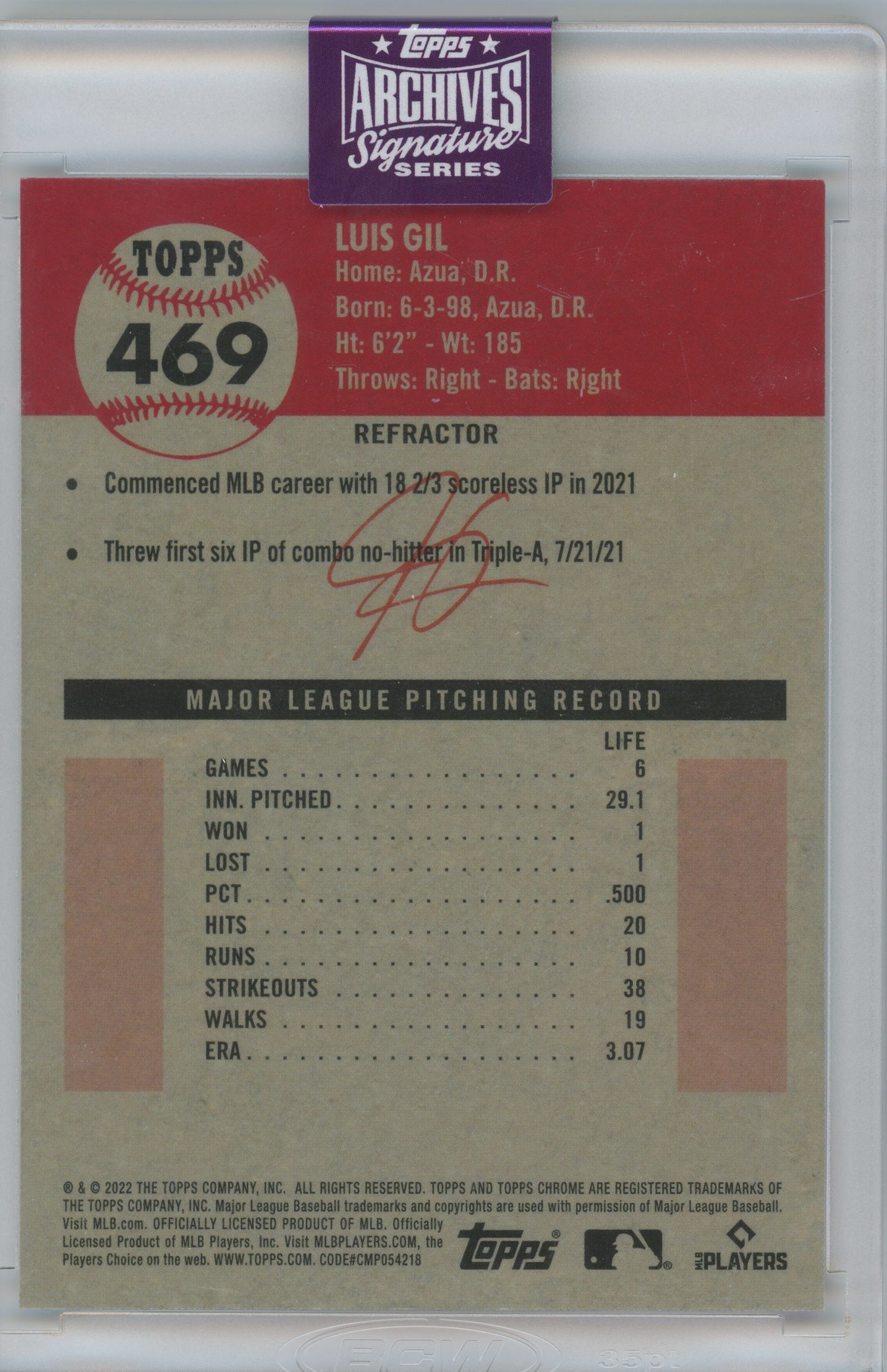 2022 Topps Chrome Archives Signature Series Luis Gil #469 Refractor 02/10 RC