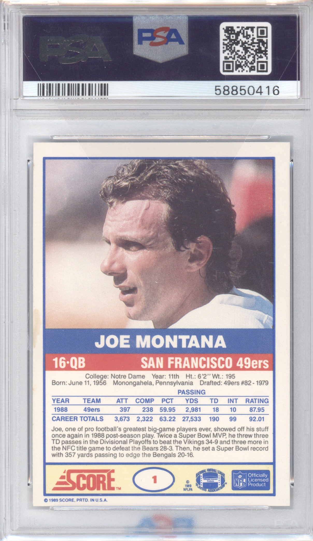 1989 Score Joe Montana #1 PSA 9