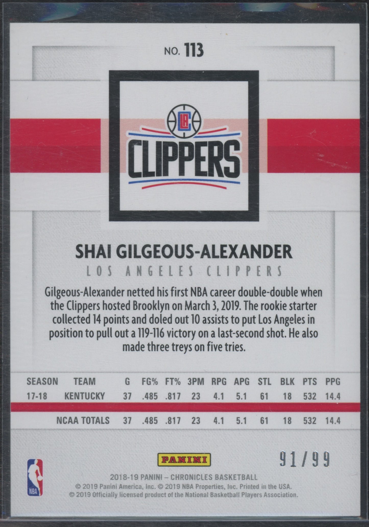 2018 Panini Chronicles Basketball Shai Gilgeous-Alexander #113 RC 91/99