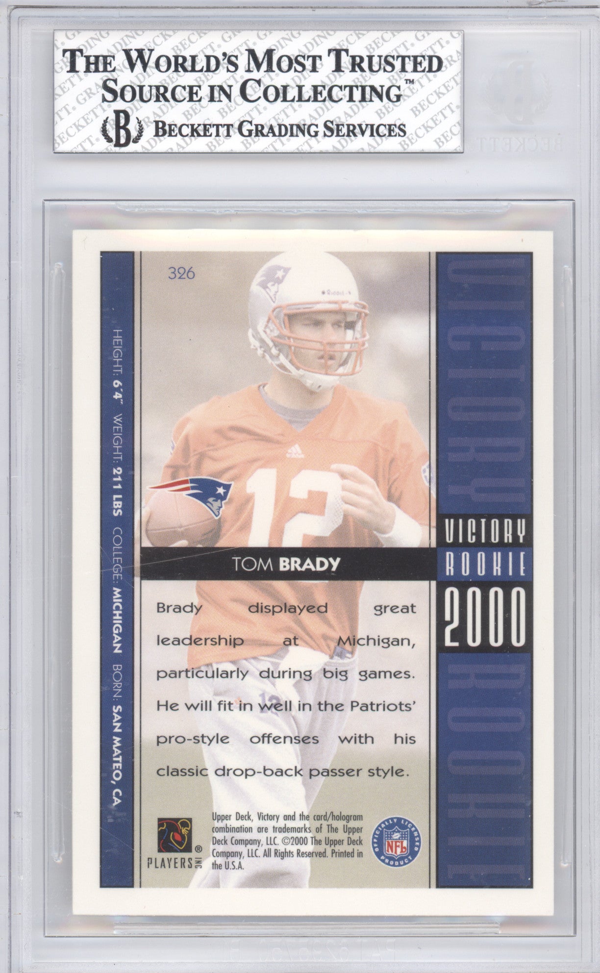 2000 Upper Deck Victory Tom Brady #326 Rookie BGS 7.5