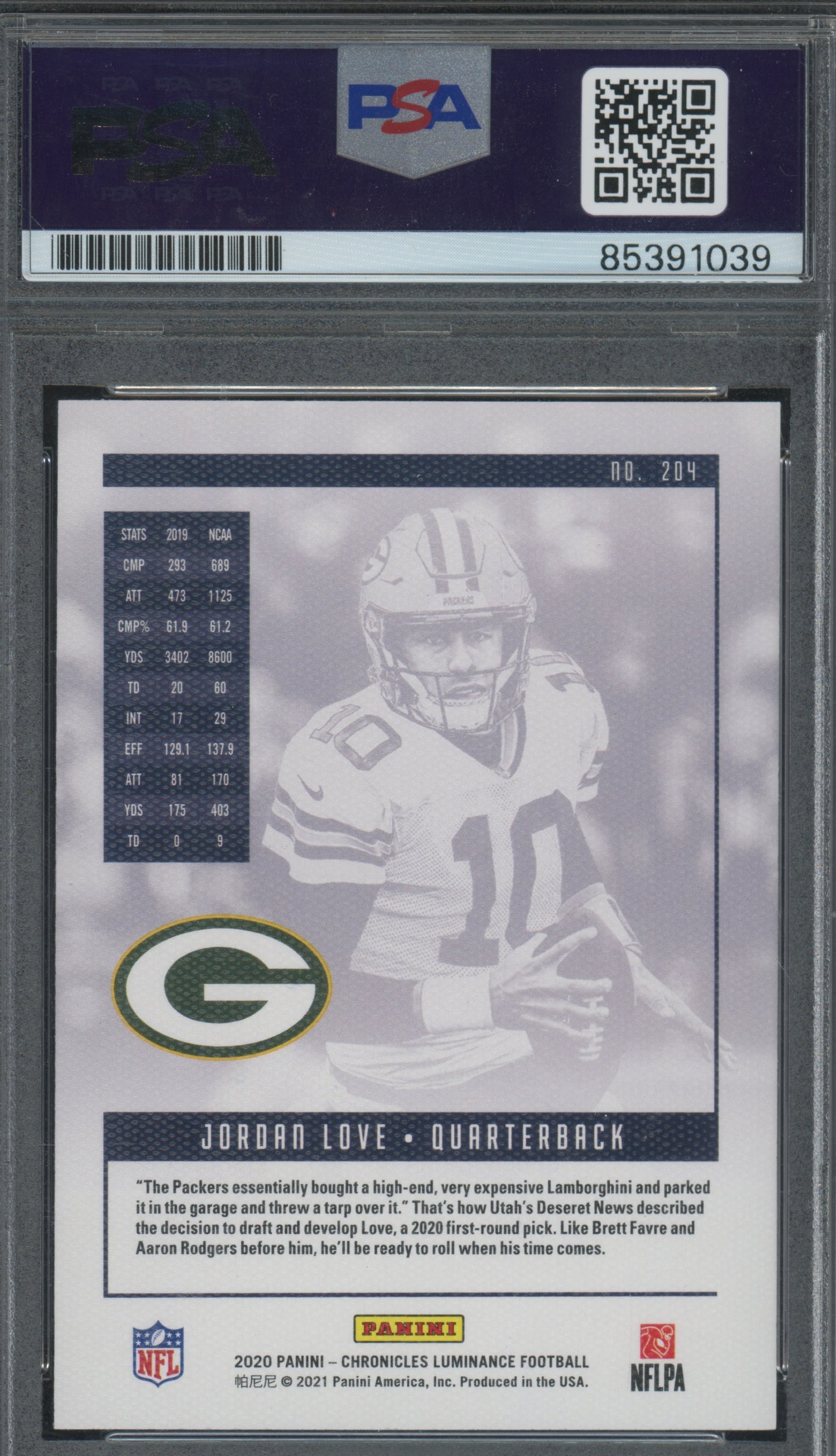 2020 Panini Chronicles Luminance Jordan Love #204 RC PSA Auto 10