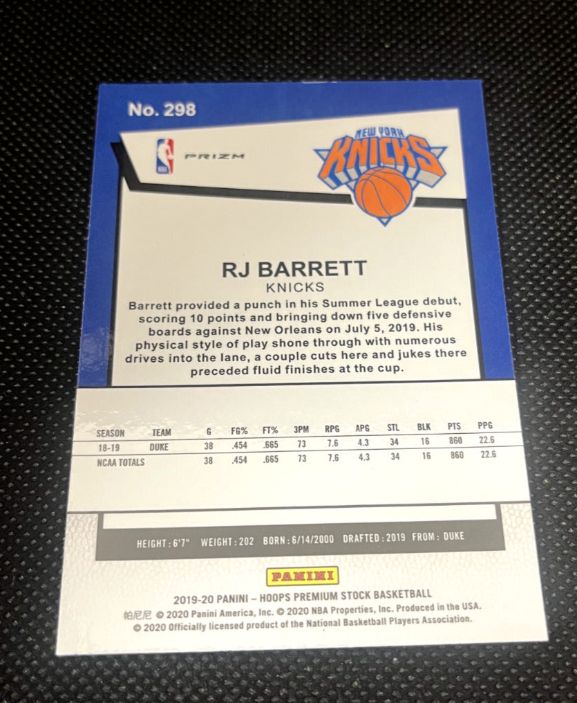 2019-2020 Panini NBA Hoops Premium Stock RJ Barrett Rookie Silver Prizm Tribute