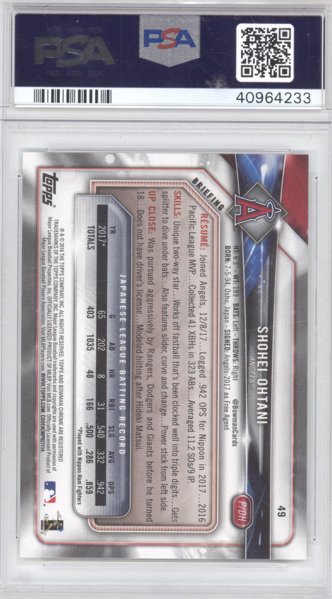 2018 Bowman Shohei Ohtani #49 RC PSA 9