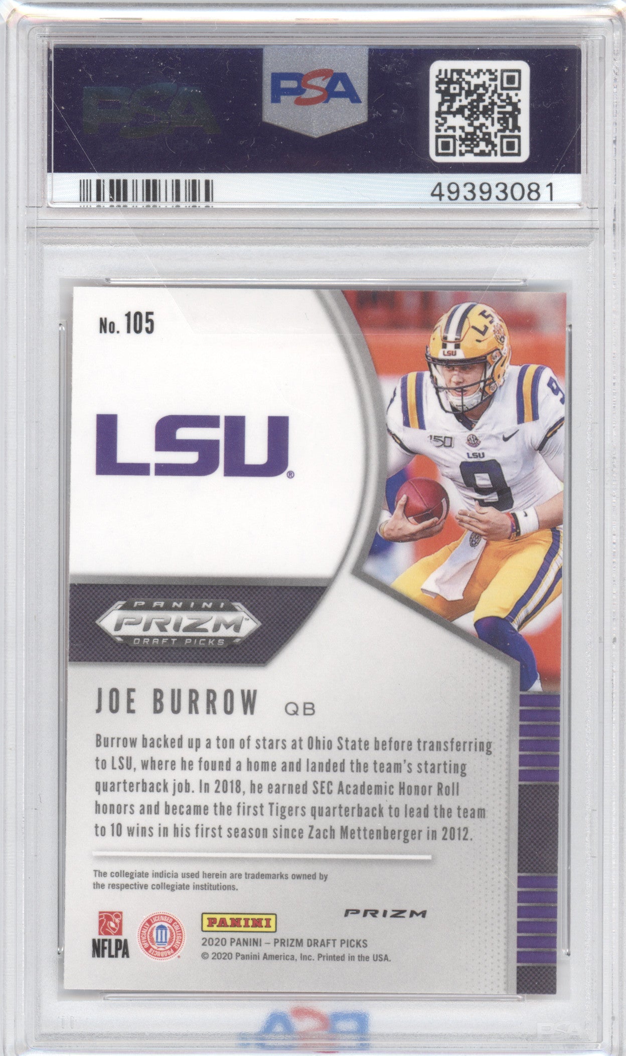 2020 Panini Prizm Draft Picks Joe Burrow #105 Orange PSA 10