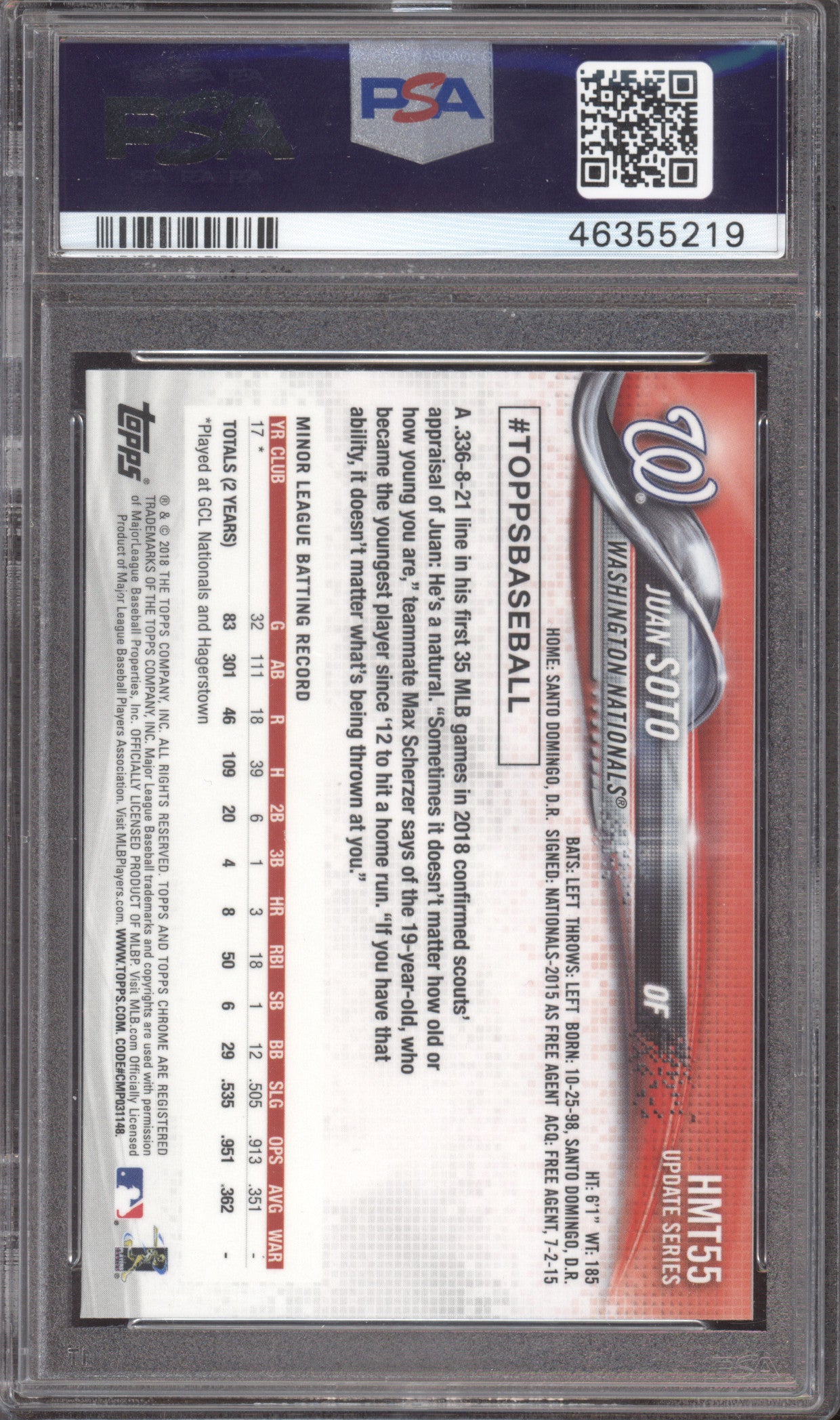 2018 Topps Chrome Update Juan Soto #HMT55 PSA 10