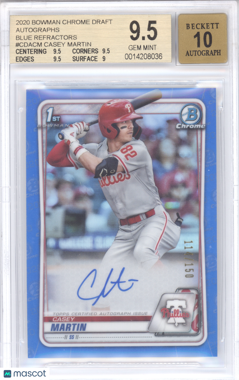 2020 Bowman Chrome Draft Autograph Blue Casey Martin #CM 114/150 BGS 9.5 Auto 10