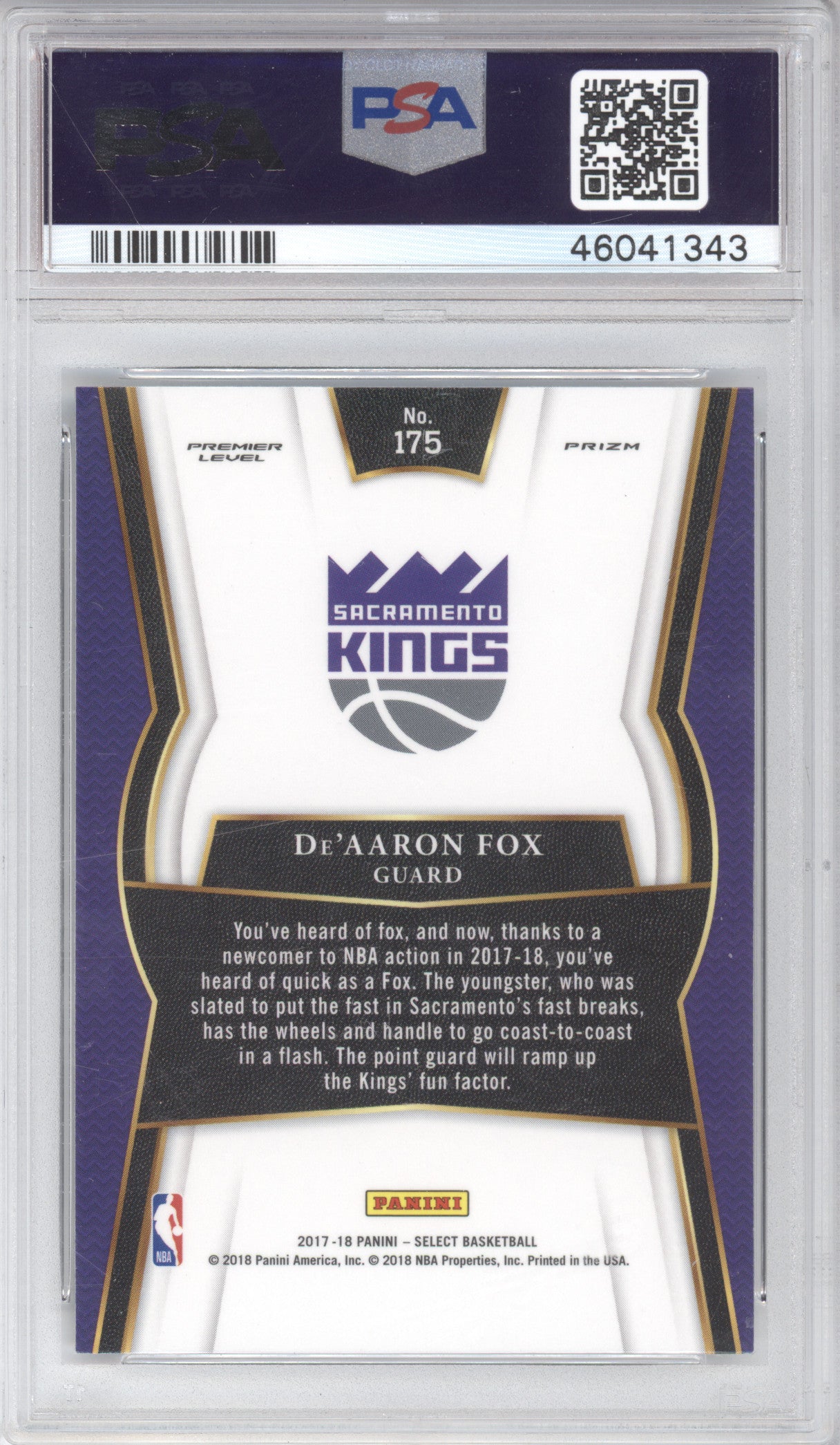 2017 Panini Select De'Aaron Fox #175 Zebra Prizm RC PSA 9