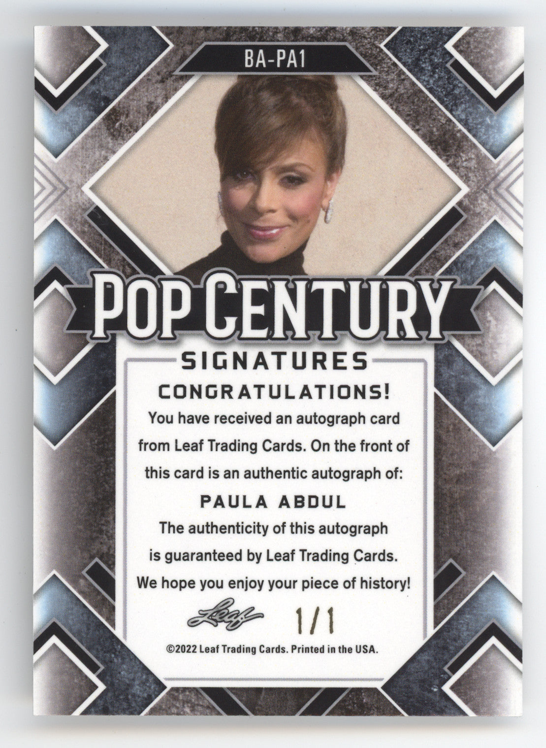 2022 Leaf Pop Century Signatures Paula Abdul 1/1 #BA-PA1
