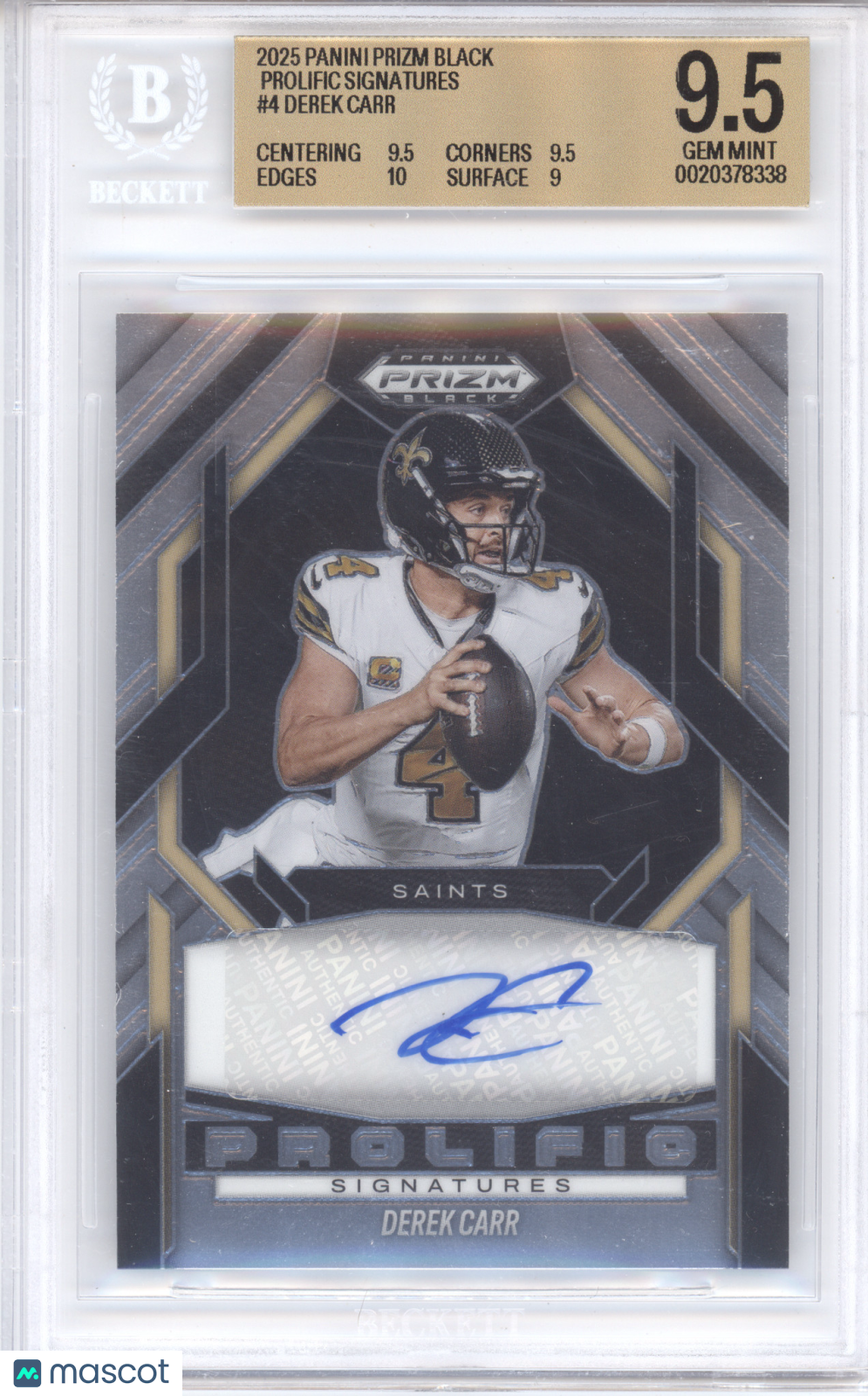 2025 Panini Prizm Black Prolific Signatures Derek Carr #4 BGS 9.5 Auto 10