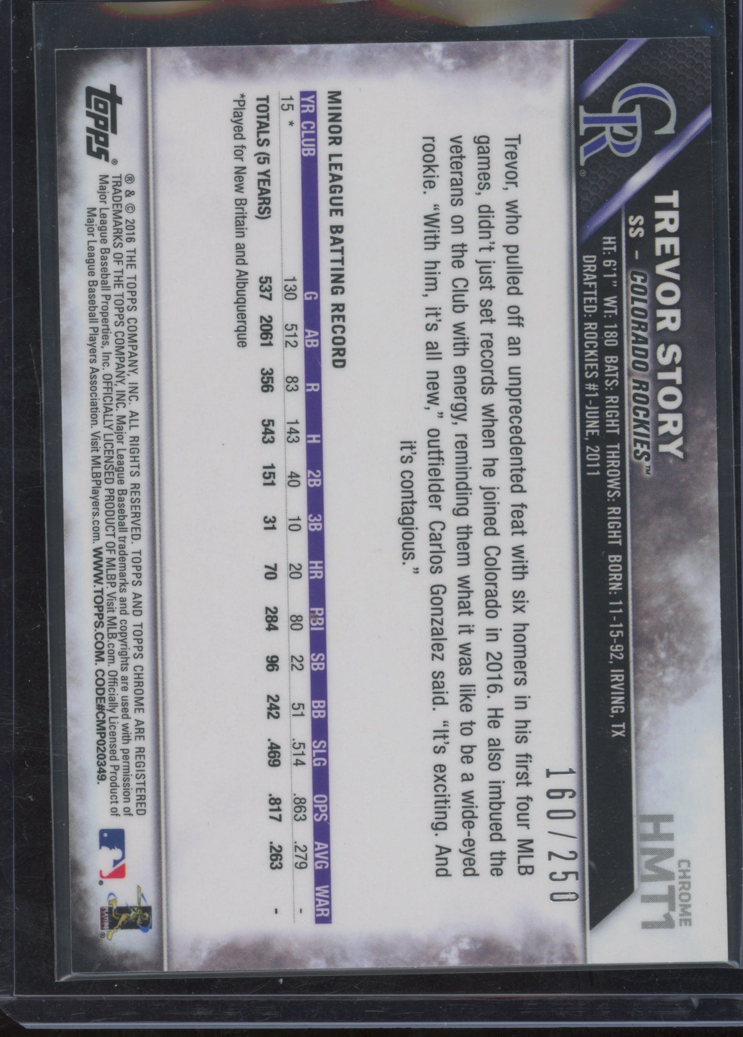 2016 Topps Chrome Update Trevor Story #HMT1 Refractor RC 160/250