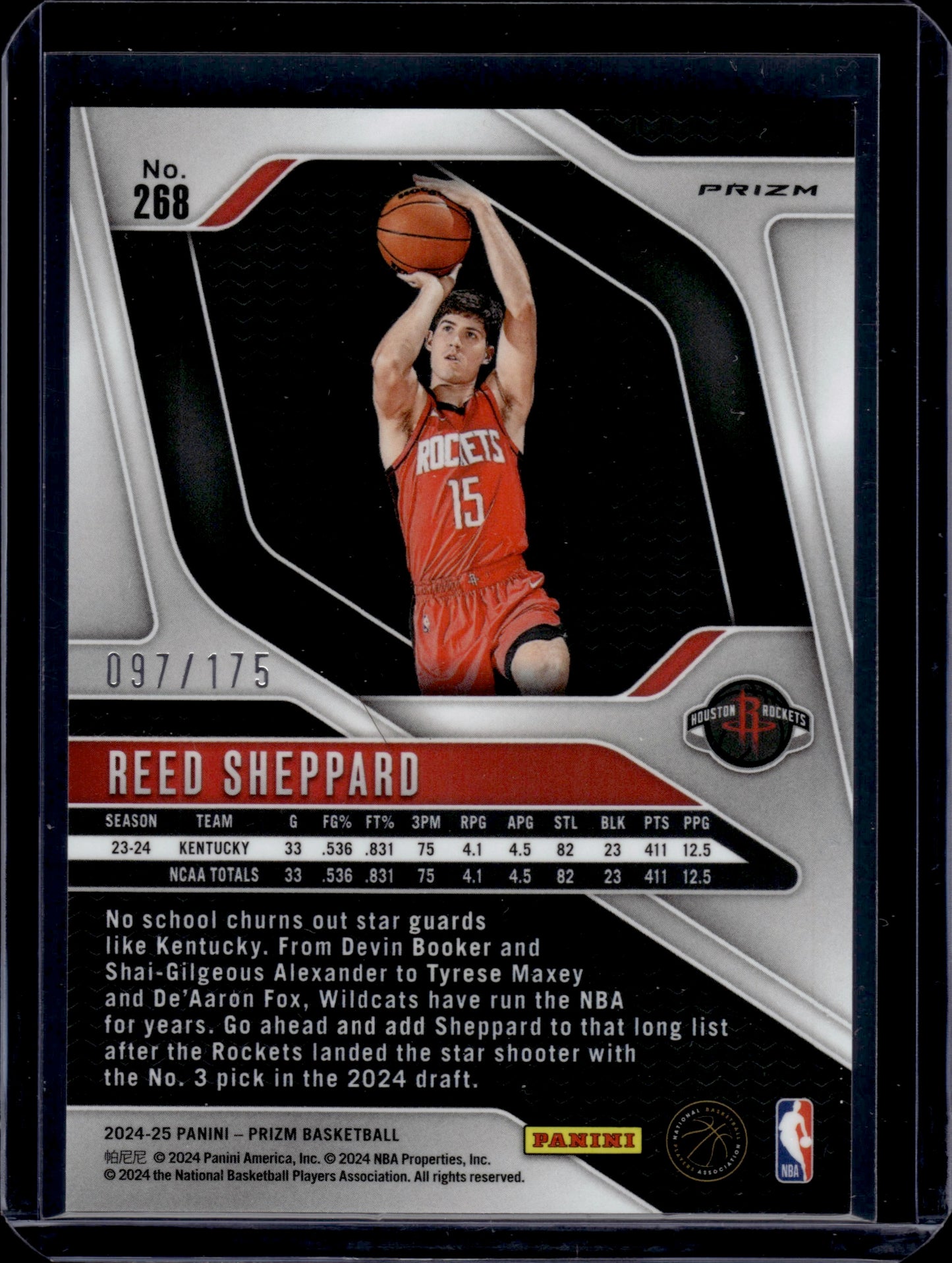 2024 Panini Prizm Reed Sheppard #268 White RC 097/175