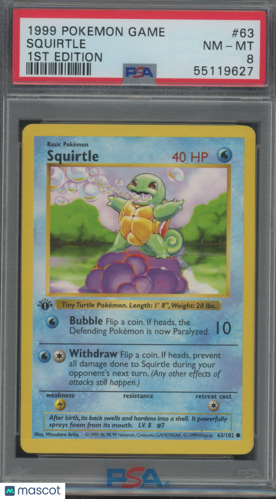 1999 Pokemon Game Squirtle #63/102 1ST Edition PSA 8
