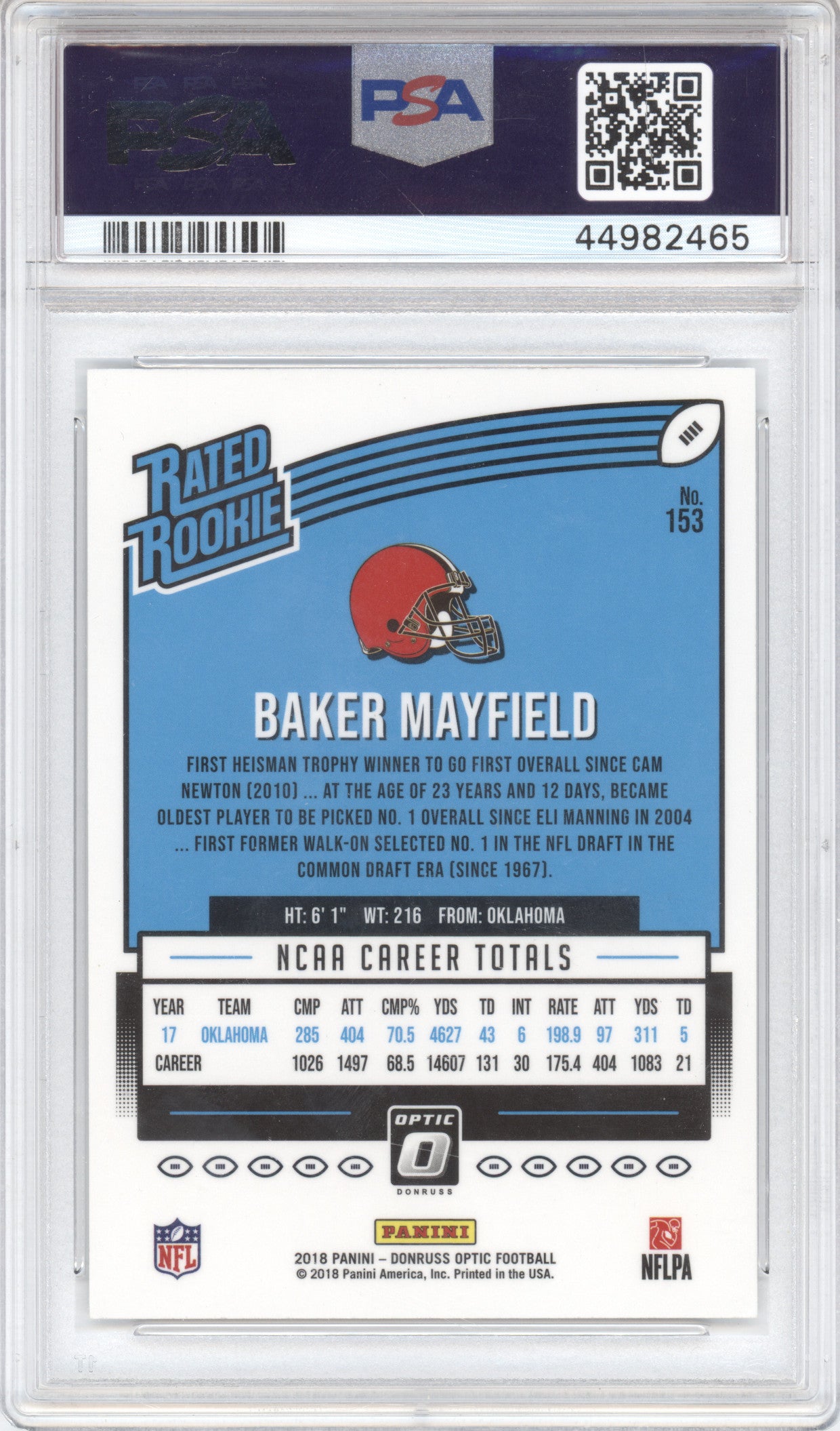 2018 Donruss Optic Rated Rookie Baker Mayfield #153 PSA 10