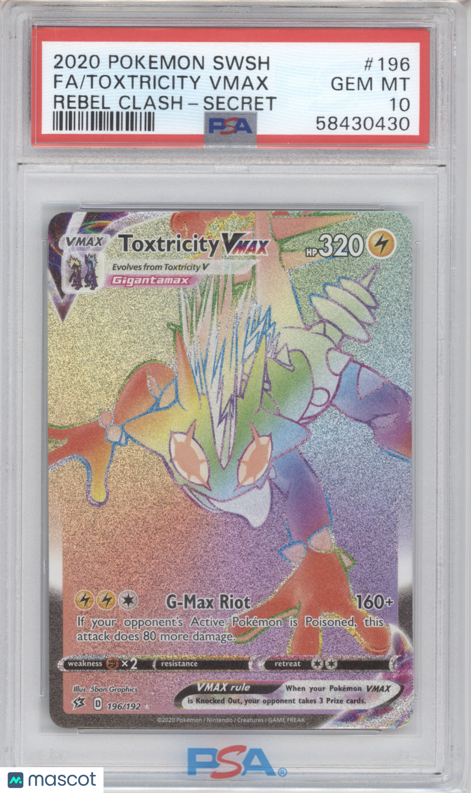 2020 SWSH Rebel Clash Toxtricity VMAX Secret Rare PSA 10 #196/192
