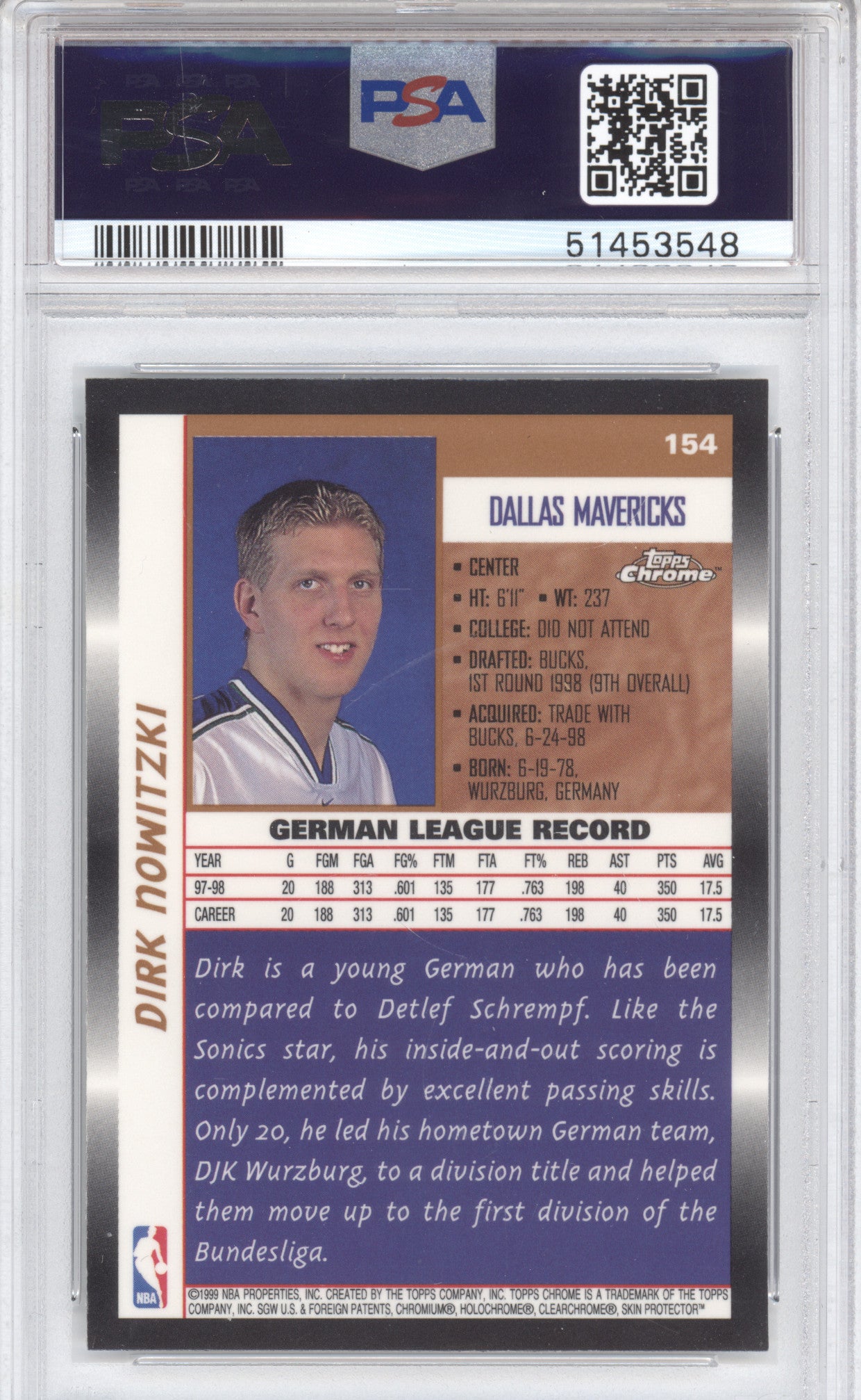 1998 Topps Chrome Dirk Nowitzki #154 RC PSA 9