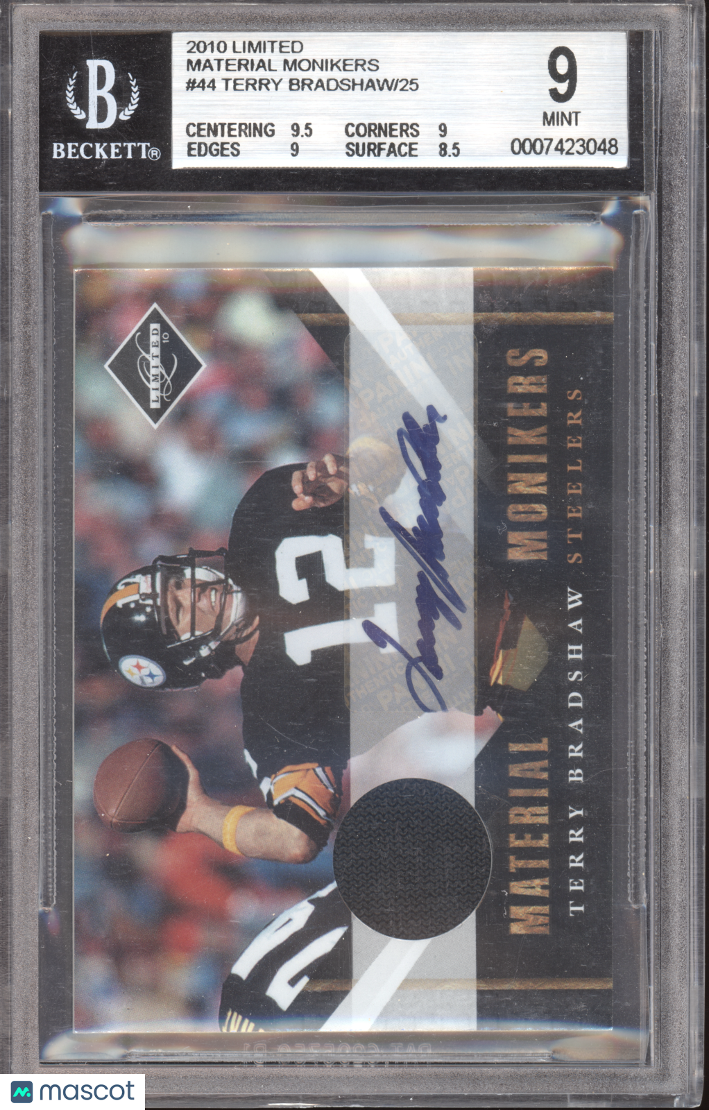 2010 Limited Material Monikers Terry Bradshaw #44 06/25 BGS 9 Auto 9