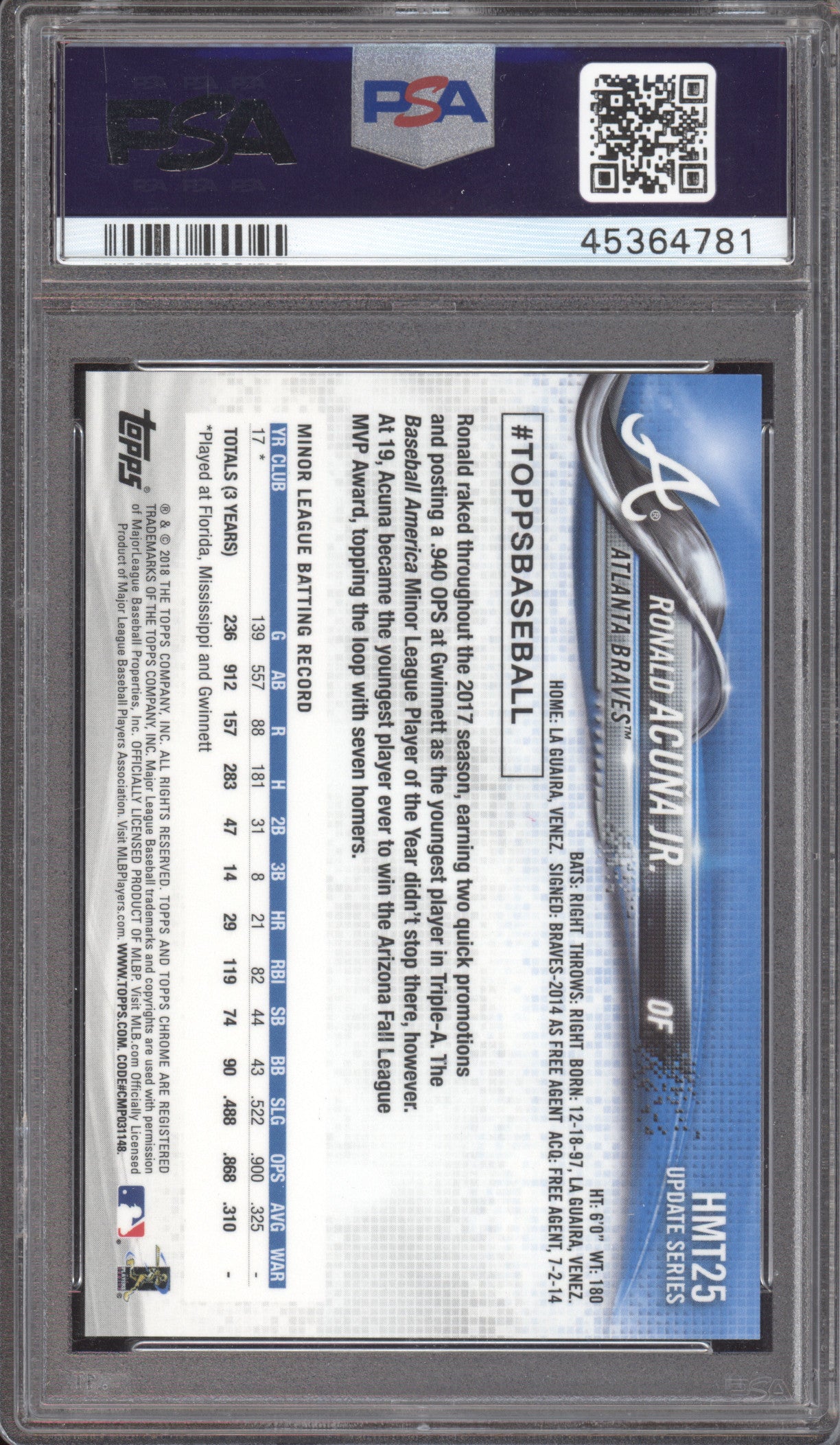 2018 Topps Chrome Update Ronald Acuna Jr. #HMT25 Pink Refractor RC PSA 10
