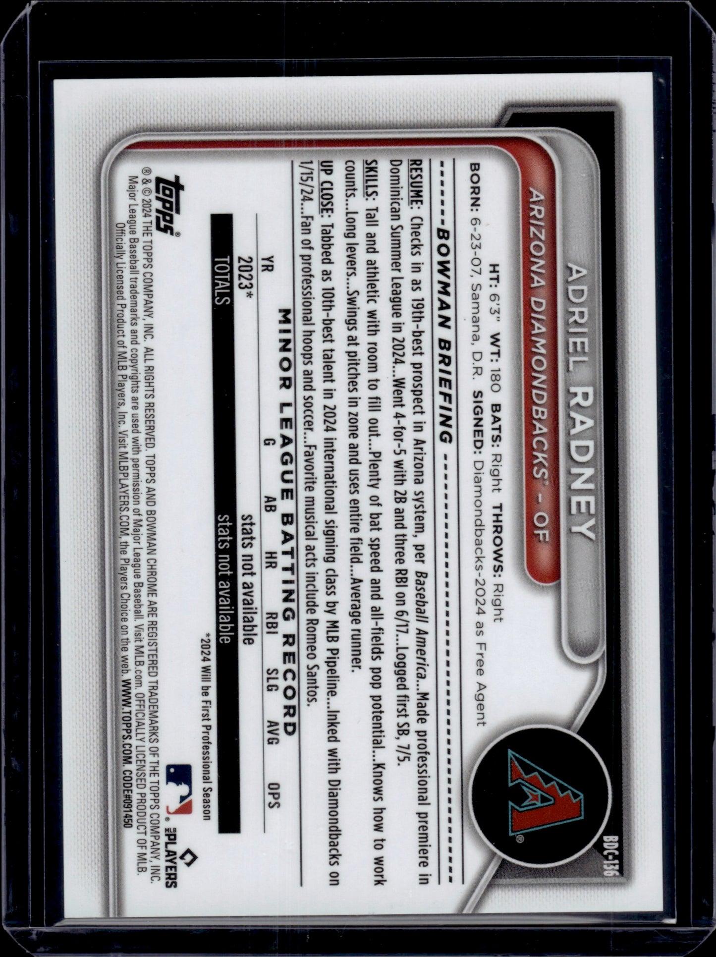 2024 Bowman Draft Chrome Adriel Radney #BDC-136 Black Refractor 02/10