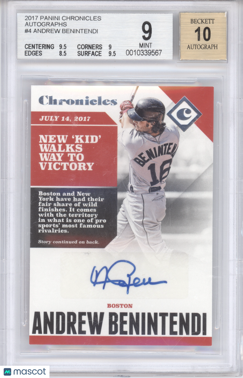 2017 Panini Chronicles Autographs Andrew Benintendi #4 BGS 9 Auto 10