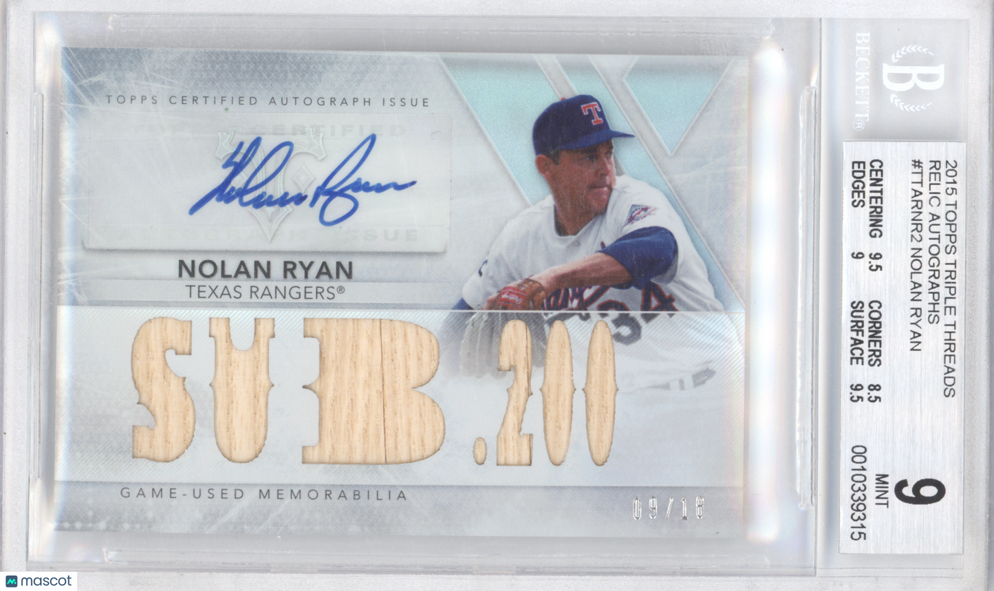 2015 Topps Triple Threads Relic Autographs Nolan Ryan #NR2 09/18 BGS 9 Auto 10