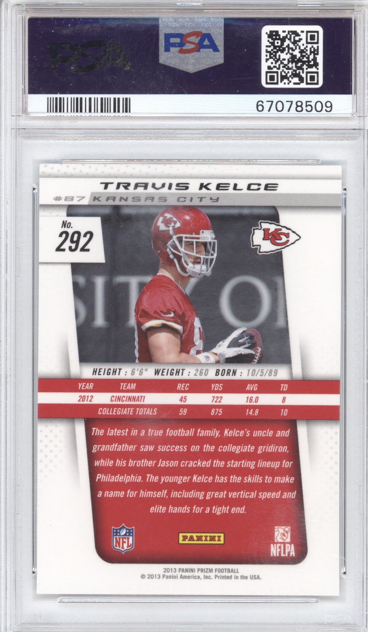 2013 Panini Prizm Travis Kelce #292 Rookie PSA 9