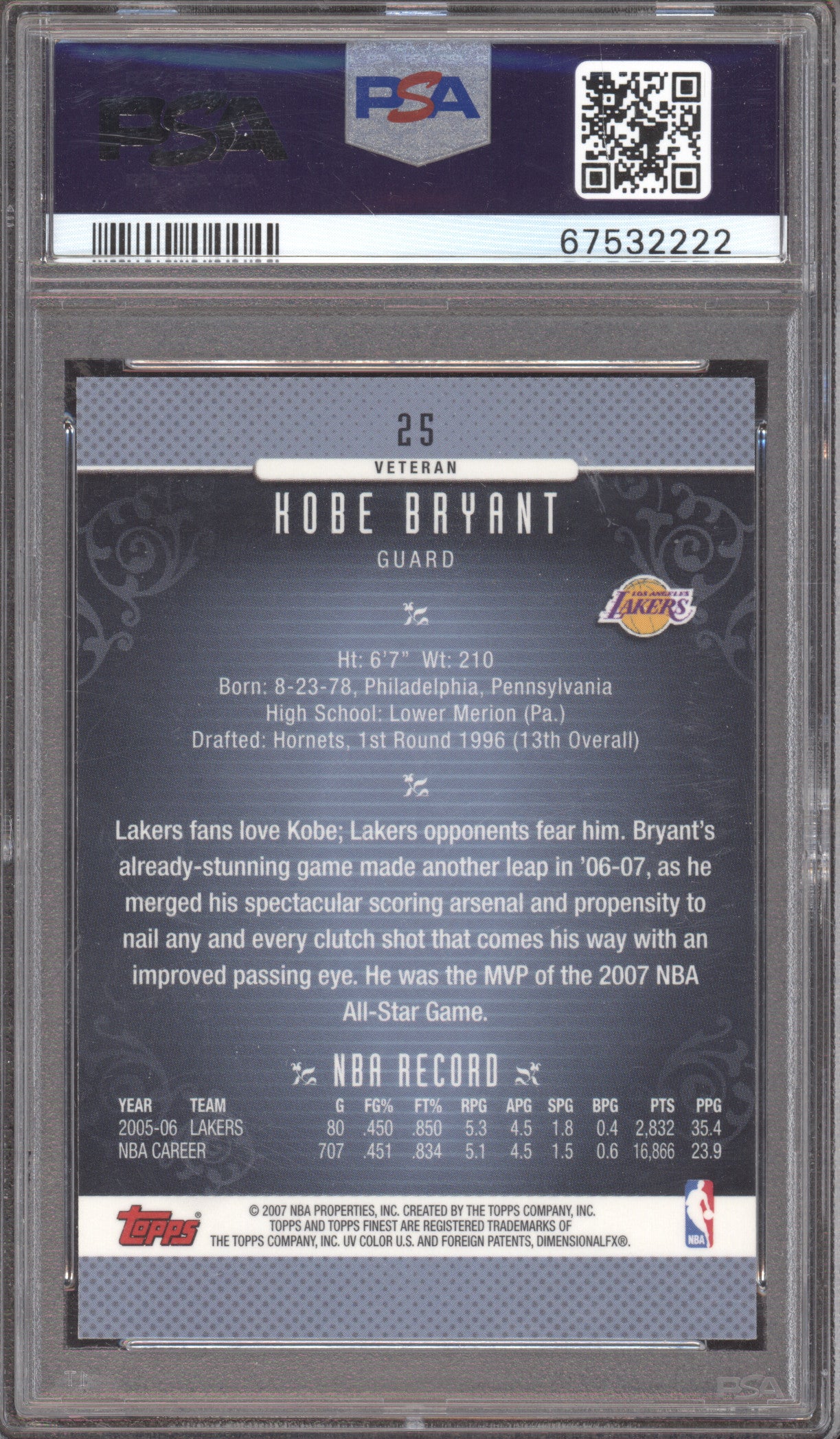 2006 Finest Kobe Bryant #25 PSA 10