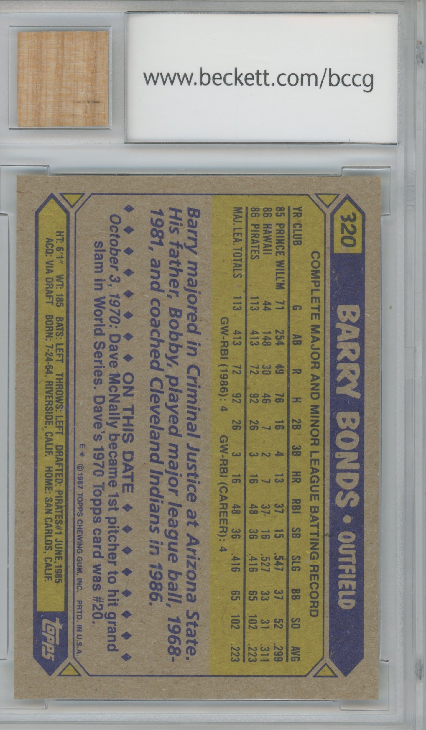 1987 Topps Barry Bonds #320 Game Used Bat BCCG 10