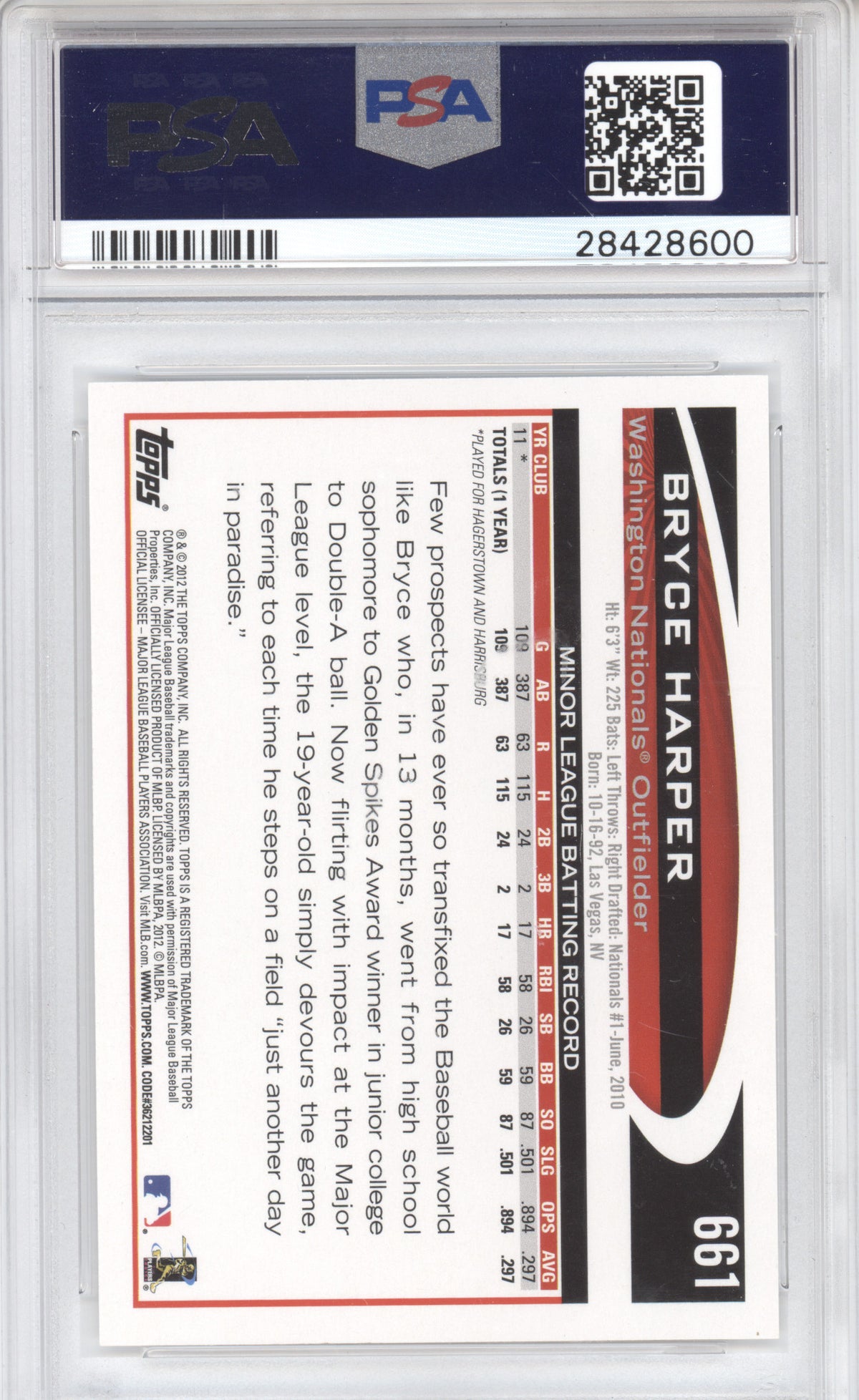 2012 Topps Bryce Harper #661 RC PSA 10