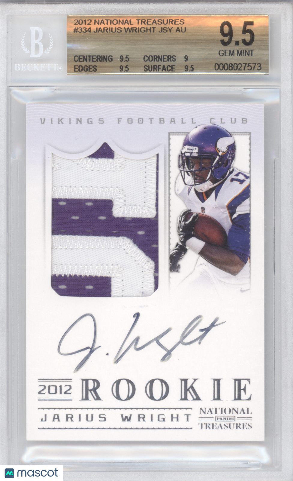2012 Panini National Treasures Jarius Wright #334 67/99 Rookie BGS 9.5 Auto 10