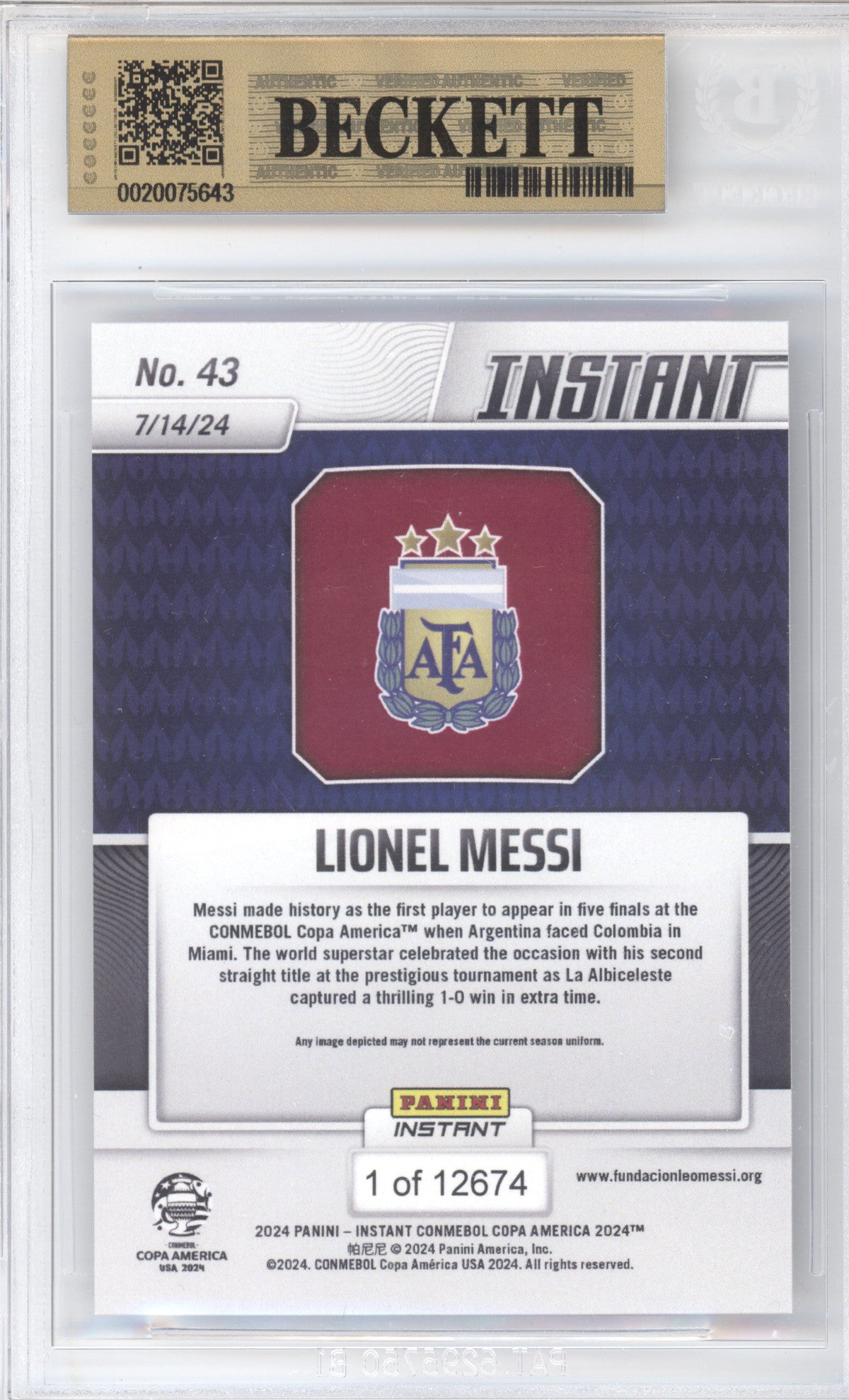 2024 Panini Instant Copa America Lionel Messi #43 /12674 BGS 10 Pristine