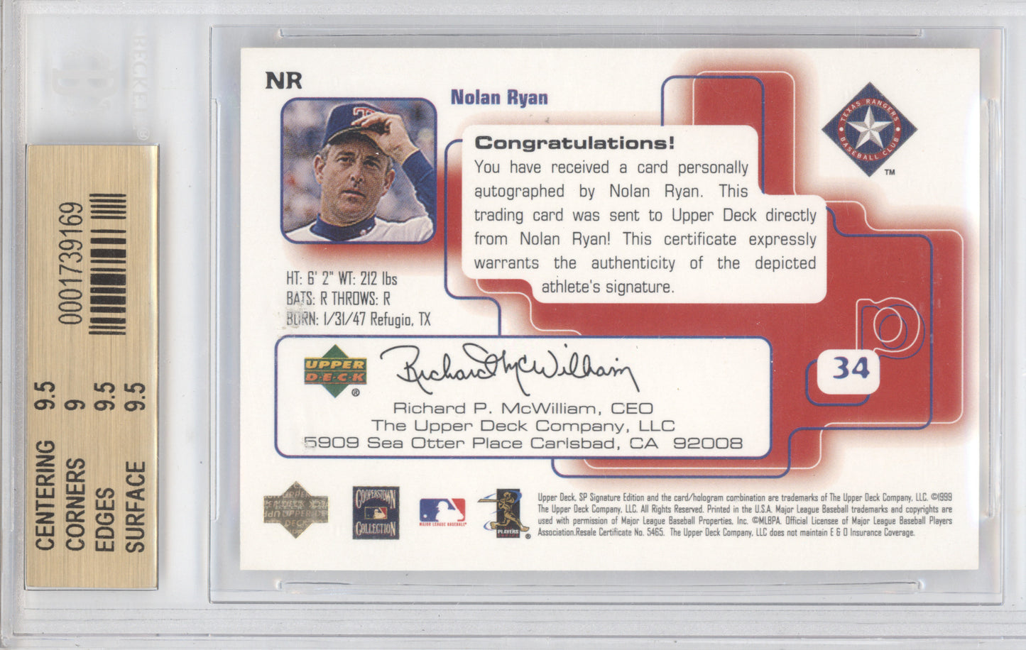 1999 SP Signature Autographs Nolan Ryan #NR BGS 9.5