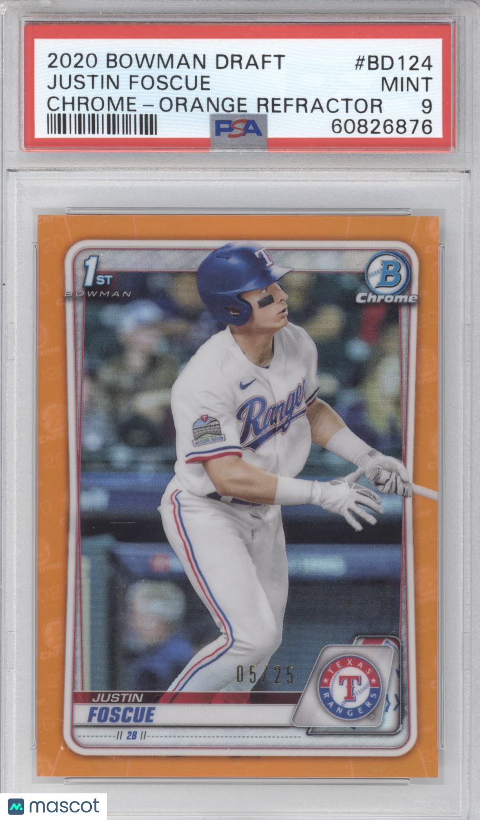 2020 Bowman Draft Justin Foscue #BD124 Chrome Orange Refractor 05/25 PSA 9
