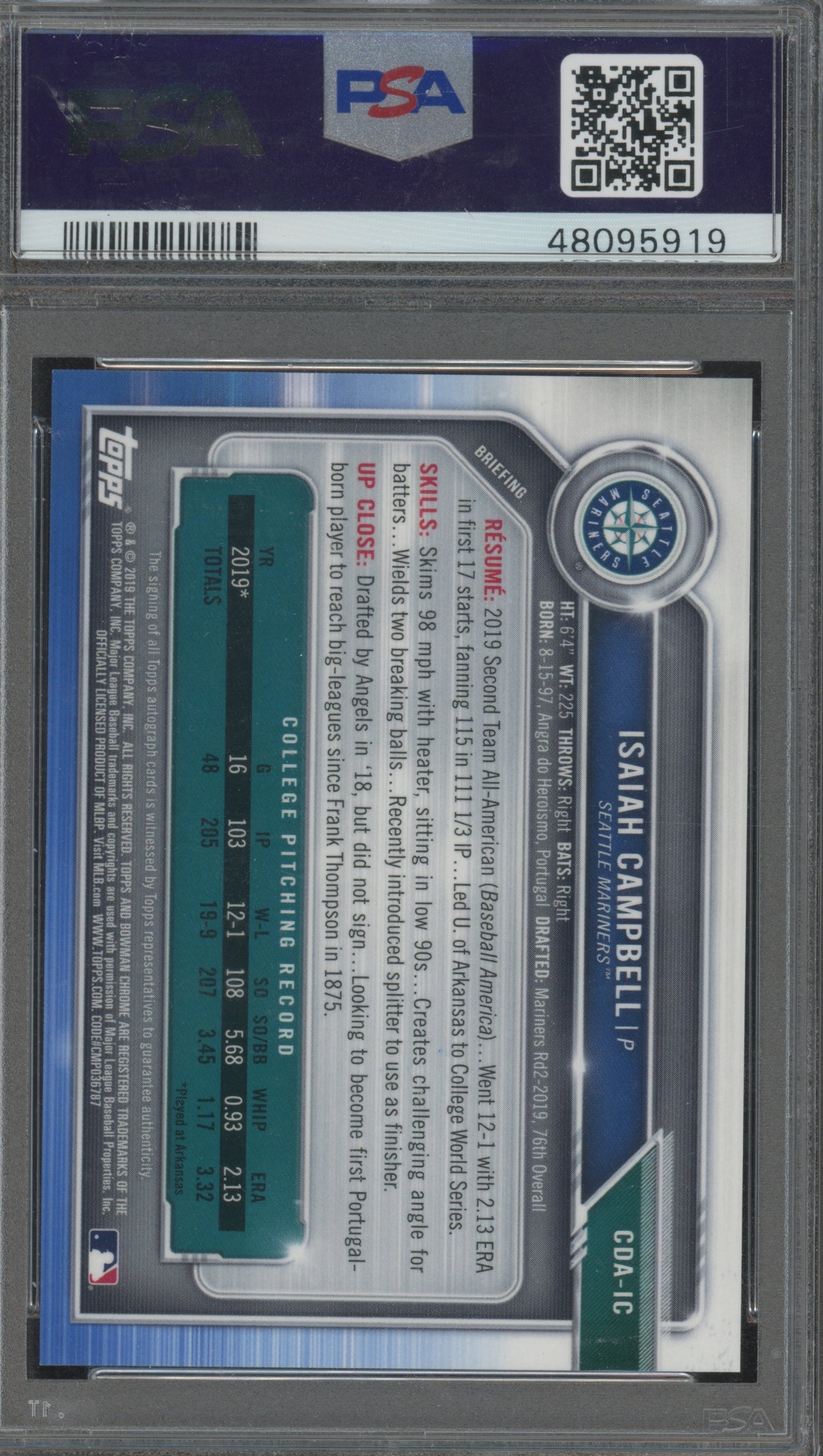 2019 Bowman Draft Chrome Draft Picks Autograph Isaiah Campbell #CDAIC PSA 9