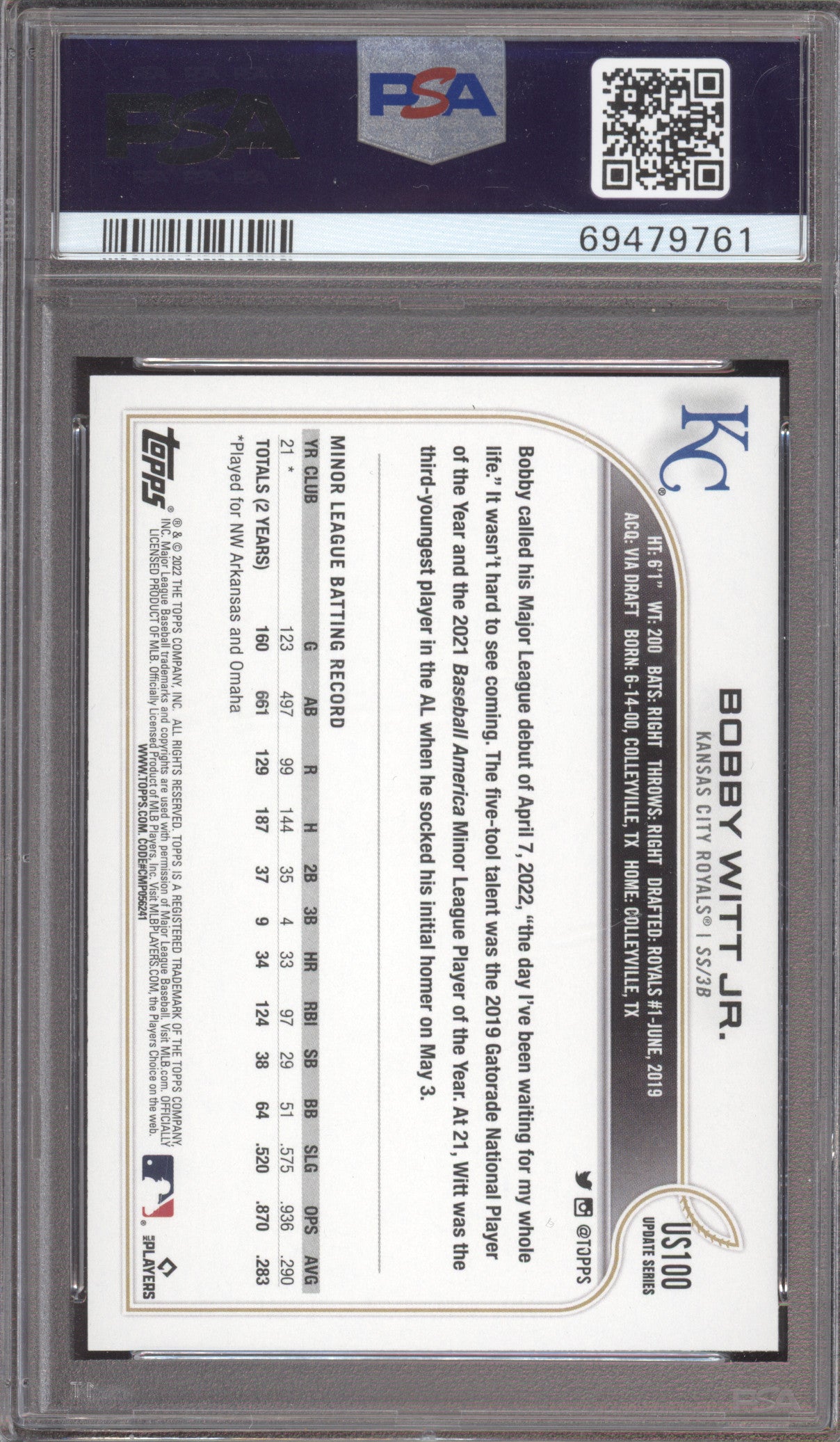 2022 Topps Update Bobby Witt JR. #US100 PSA 10