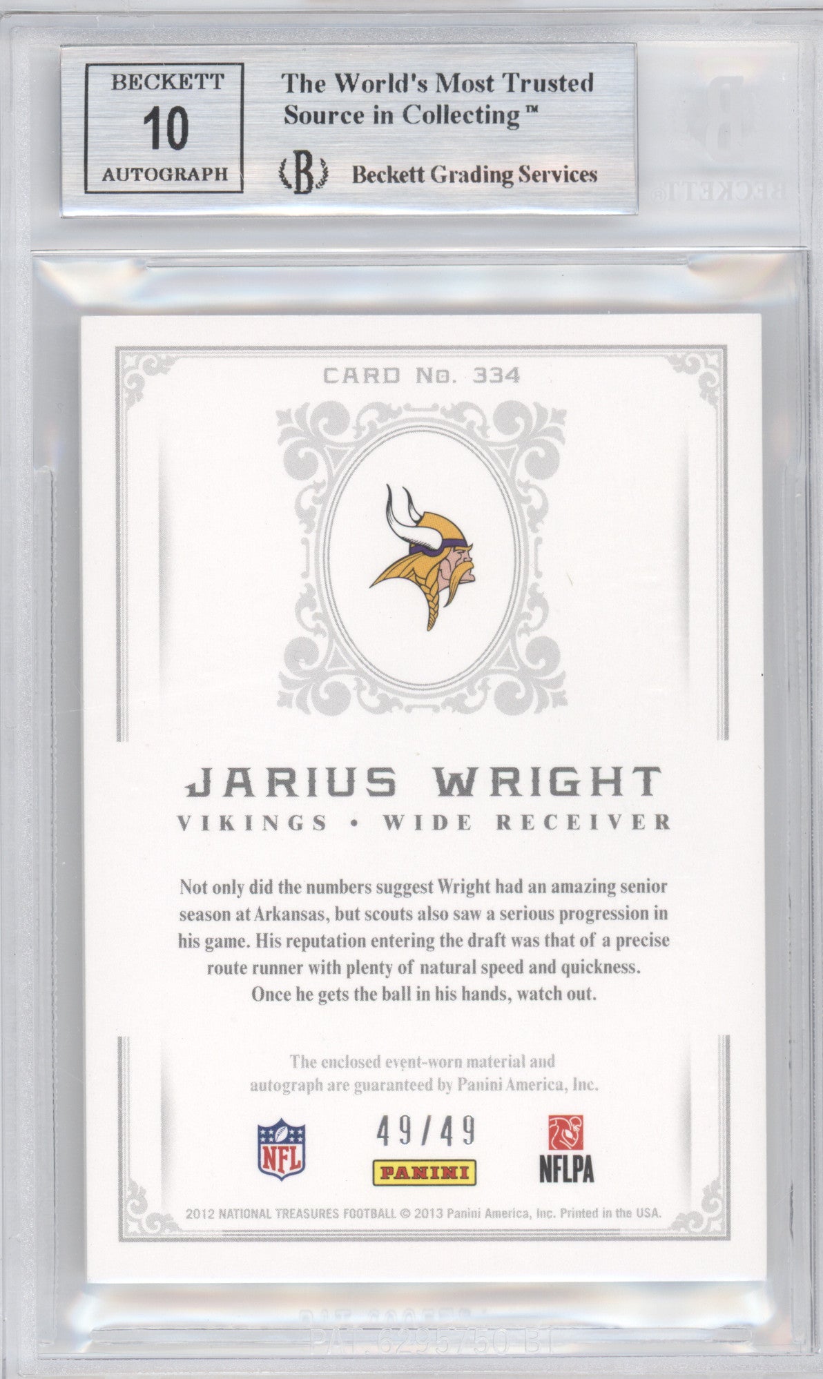 2012 National Treasure Signature Material Jarius Wright Gold 49/49 BGS 9 Auto 10