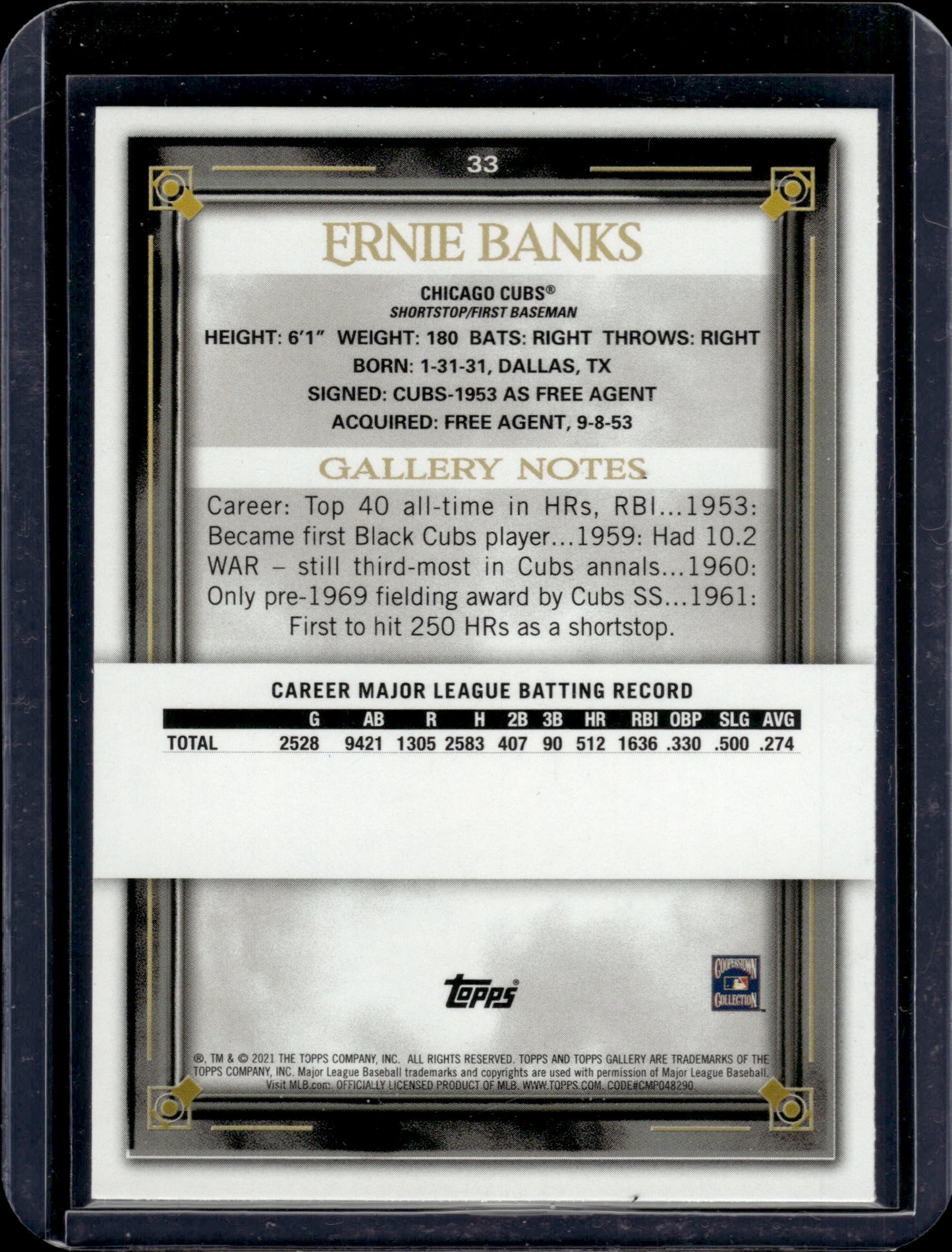 2021 Topps Gallery Ernie Banks #33 Printer Proof