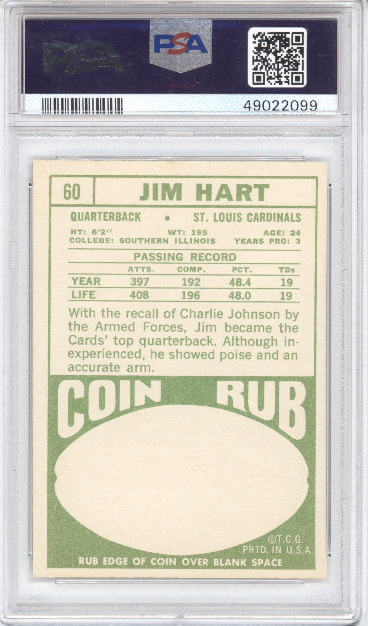 1968 Topps Football Jim Hart #60 PSA 8