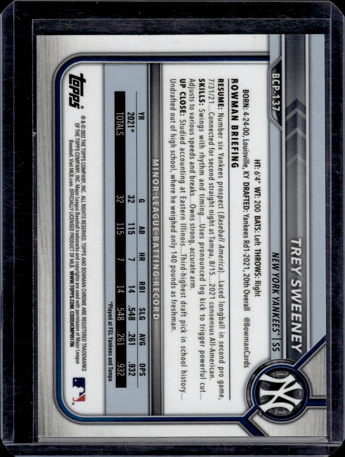 2022 Bowman Chrome Trey Sweeney #BCP-137 Blue 77/150 1st Bowman