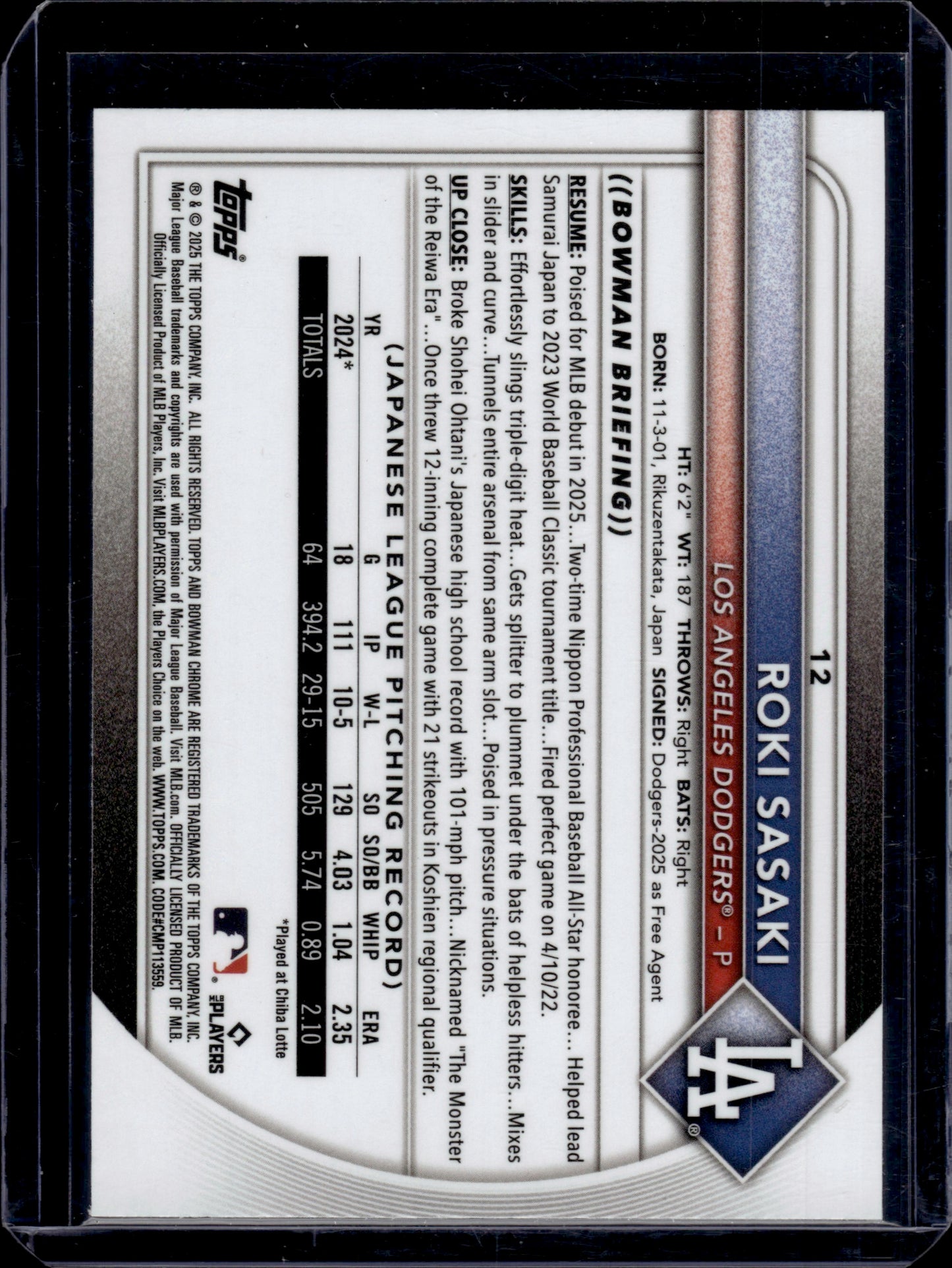 2025 Bowman Chrome Roki Sasaki #12 RC