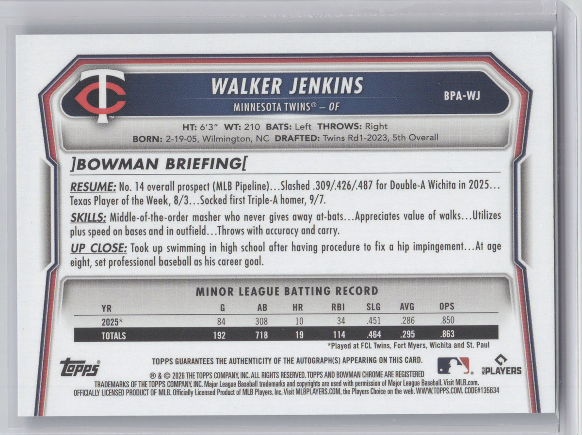 2026 Bowman Prospect Autograph Walker Jenkins #BPA-WJ Blue 076/150