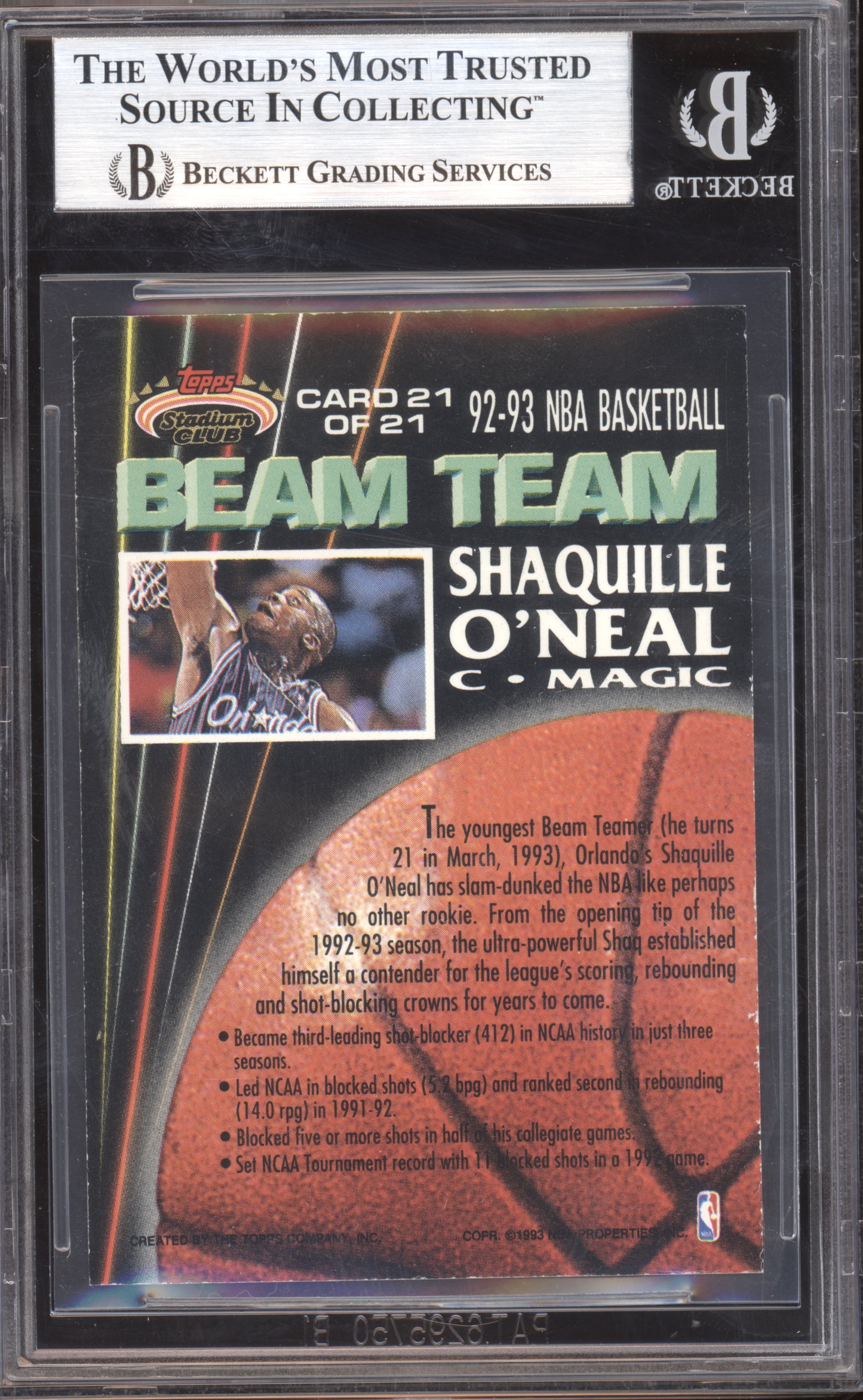 1992 Topps Stadium Club Beam Team Members Only Shaquille O'Neal #21 BGS 8