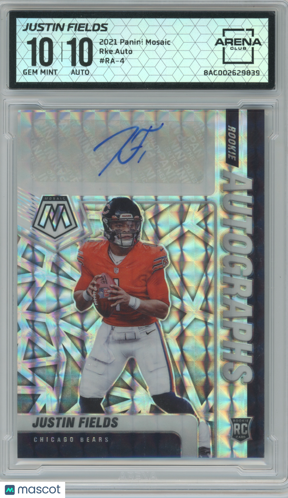 2021 Panini Mosaic Rookie Autos Justin Fields #RA-4 RC Arena Club 10 Auto 10